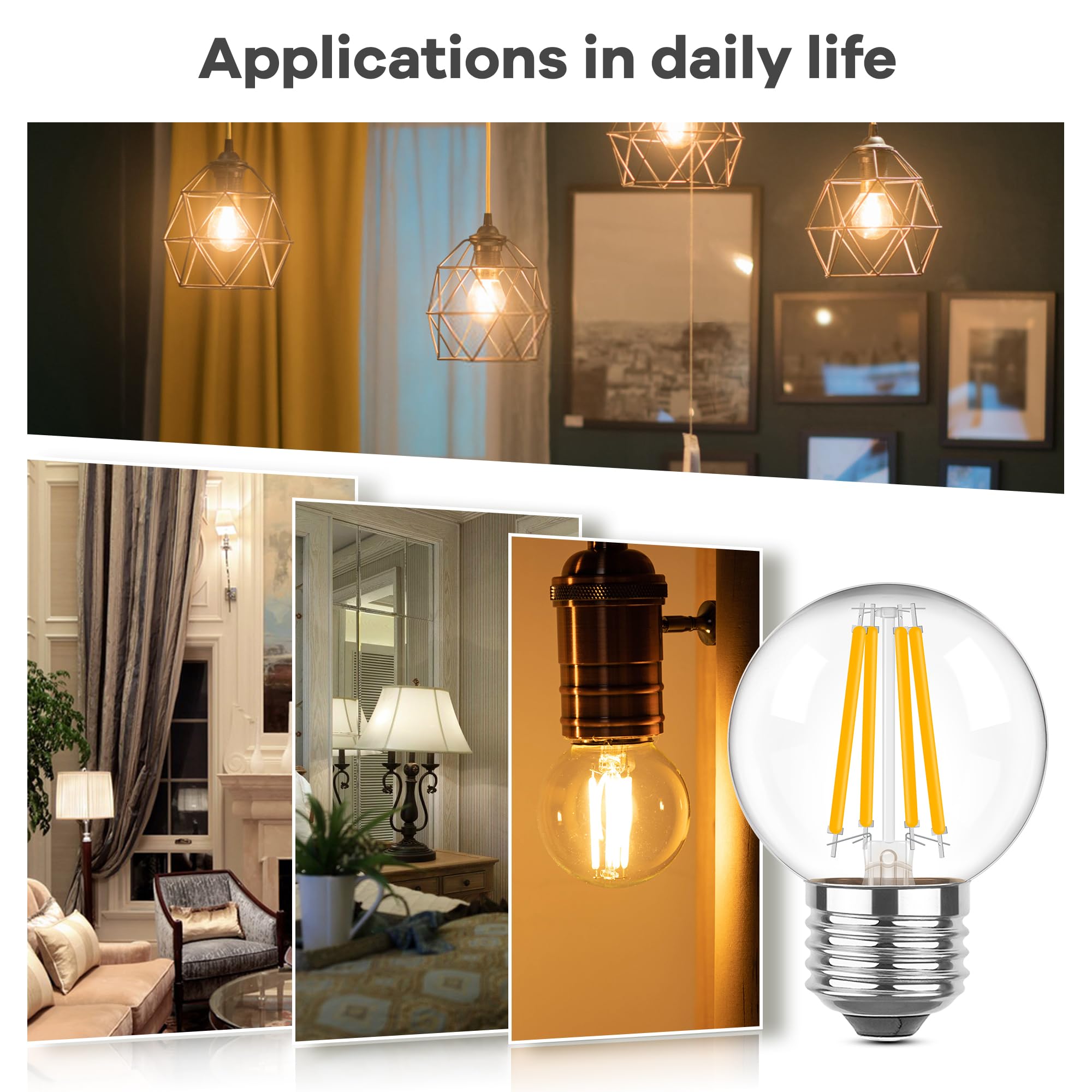 Grensk Dimmable E26 Led Light Bulbs 60 Watt,G16.5 6 Watt Small Edison Globe Bulb,2700K Warm White Filament Vintage Light Bulb Fo