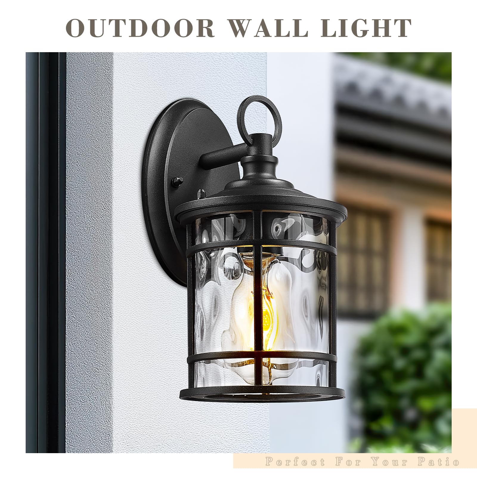 Emliviar 1-Light Outdoor Wall Mounted Lighting, Matte Black, 11.4" Aluminum Carriage Light with Water Ripple Glass, Model XE229BS BK-WG