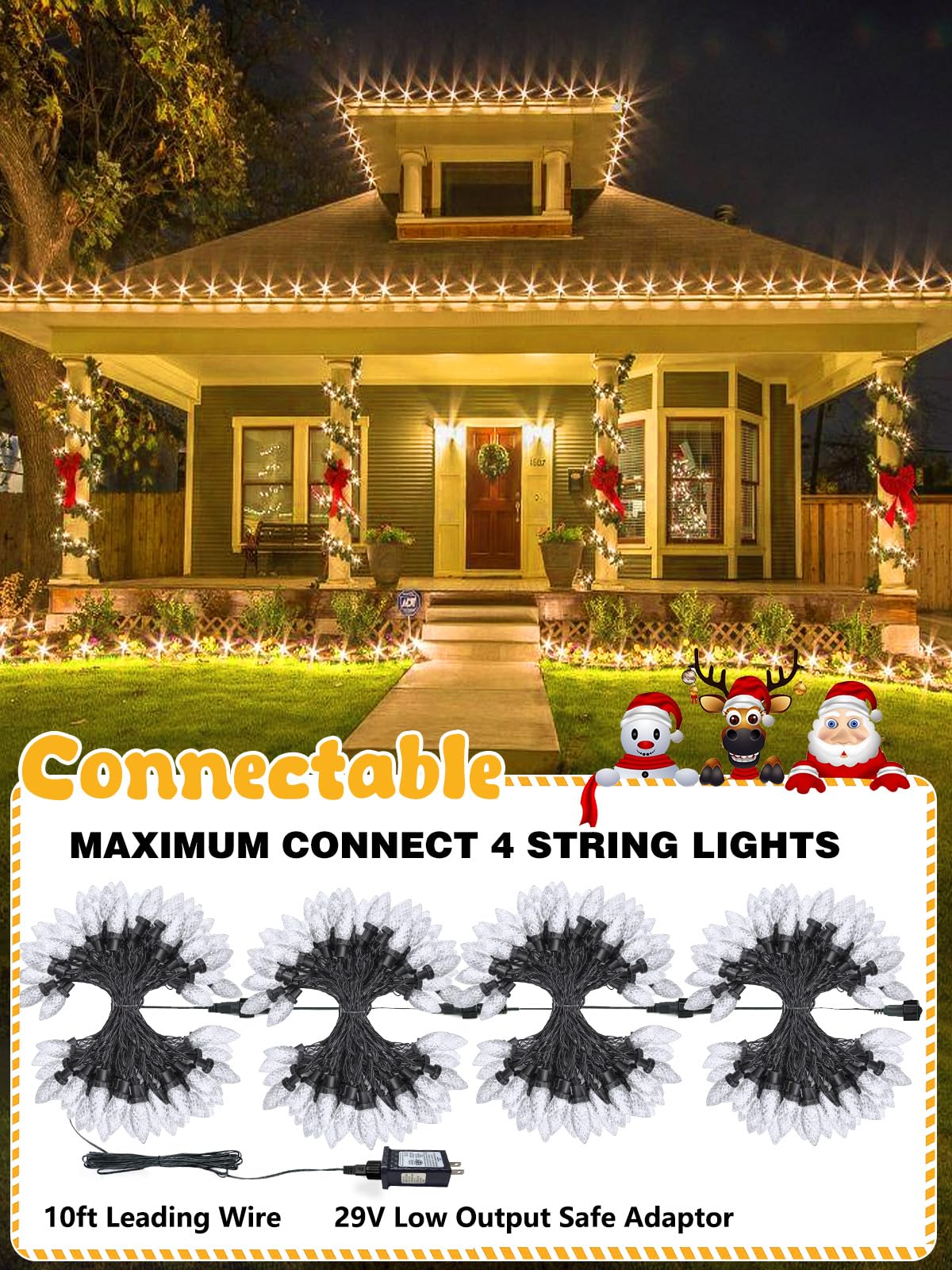 2-Pack C9 Christmas String Lights Plug In  66 Ft 100 Led Christmas Lights Connectable With 8 Modes & Timer  Waterproof Fairy Twinkle Light Indoor Outdoor For Xmas Tree Yard Decorations (Warm White)