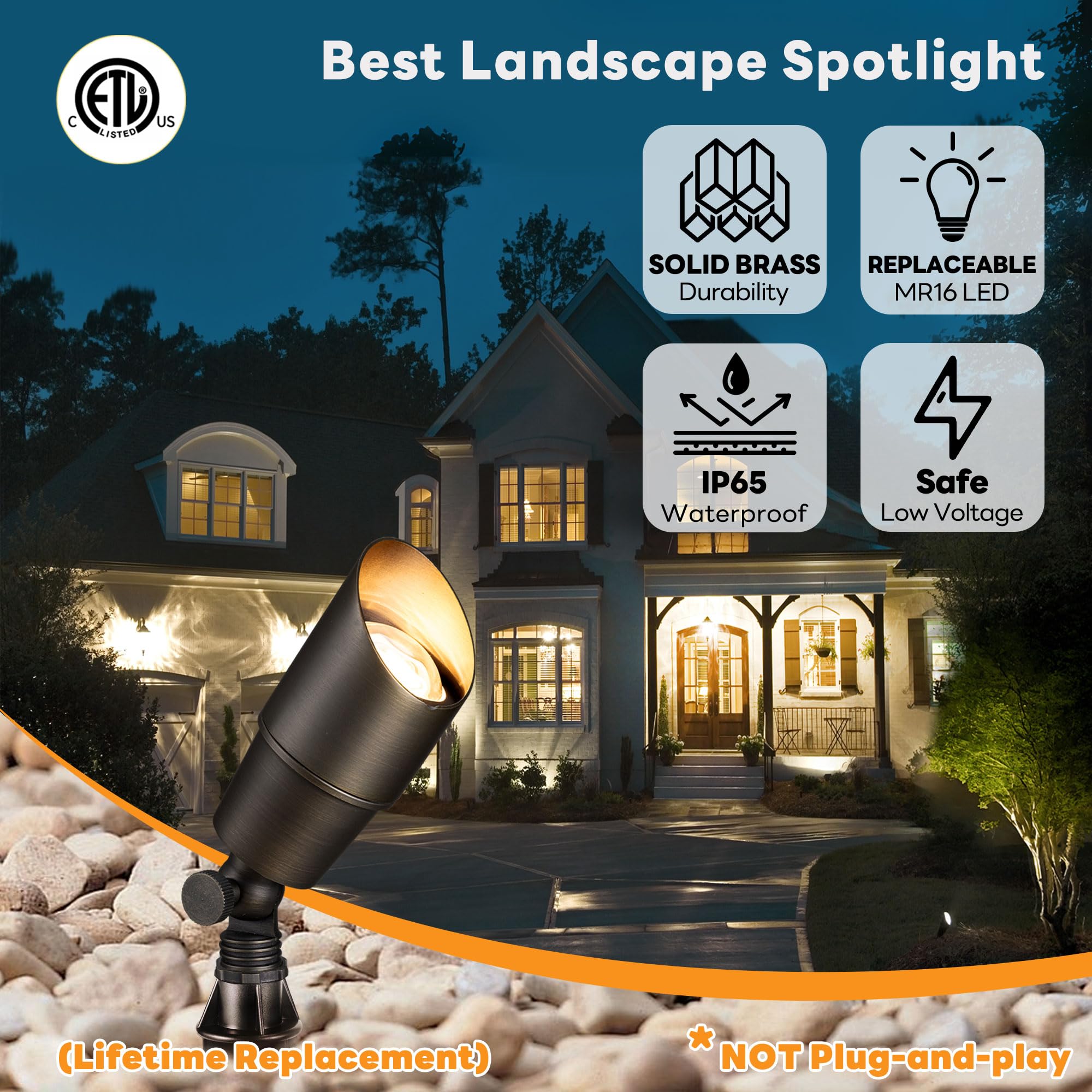 Gardenreet Solid Brass Landscape Spotlights - 12V Waterproof Uplights, 6 Pack, Bronze, Model 2101, Wired (Bulb Not Included)