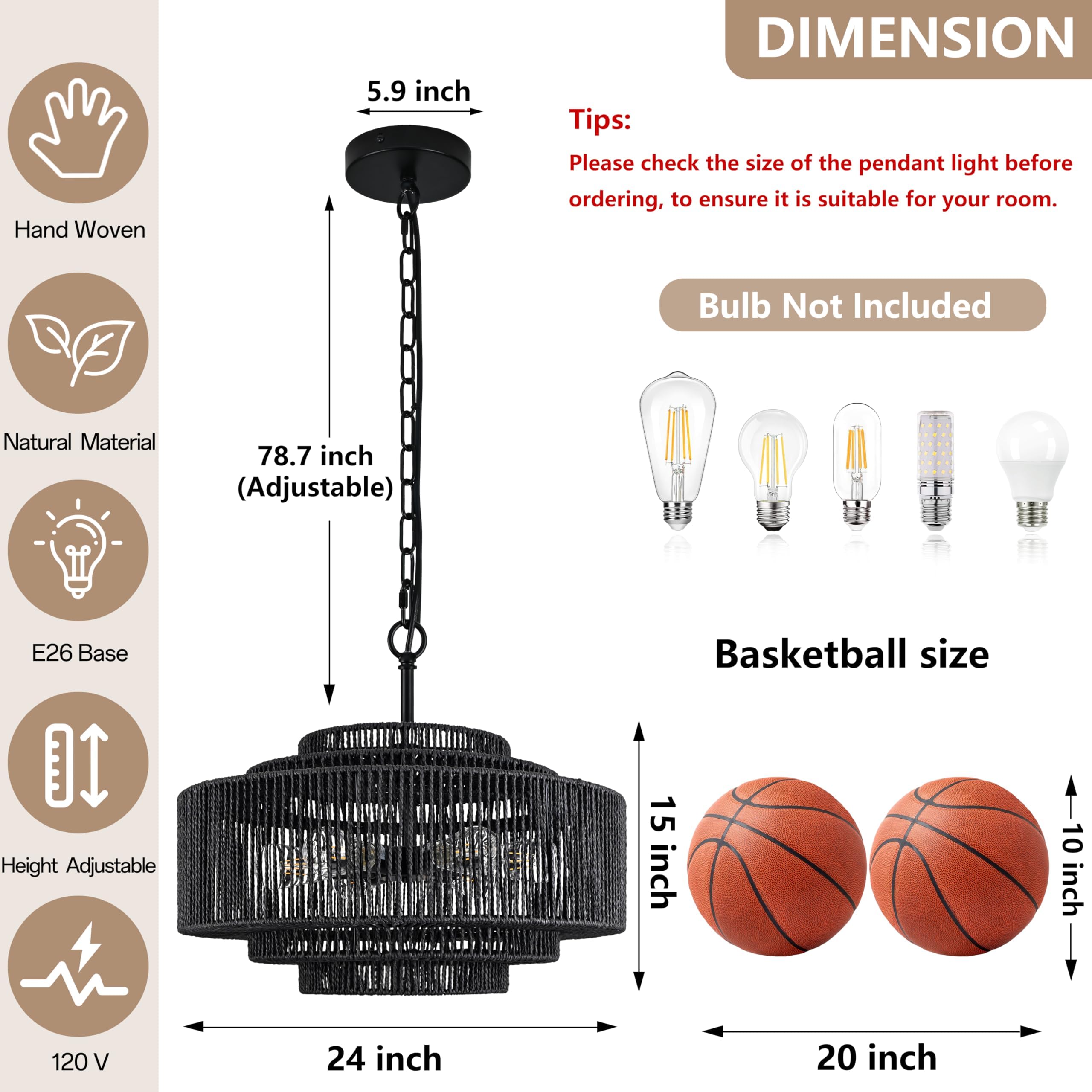 Bagood 24'' Rattan Pendant Light Black Rattan Chandelier Light Fixture 3-Tier Hand-Woven Rattan Chandelier Wicker Pendant Light