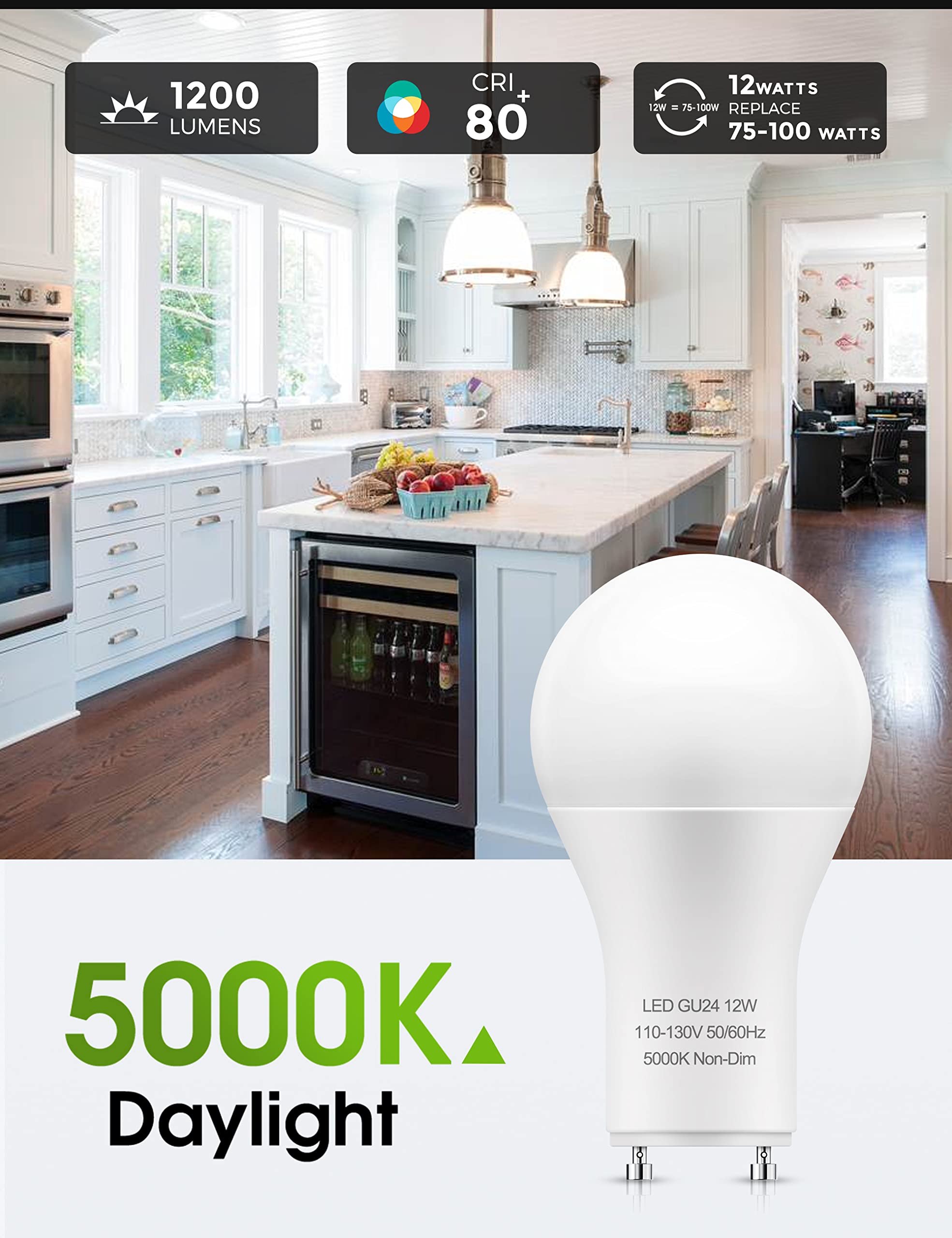 L Lohas Gu24 Base Led Light Bulb, 12W (75W-100W Equivalent), 1200 Lumen, 5000K Daylight White, Non-Dimmable,