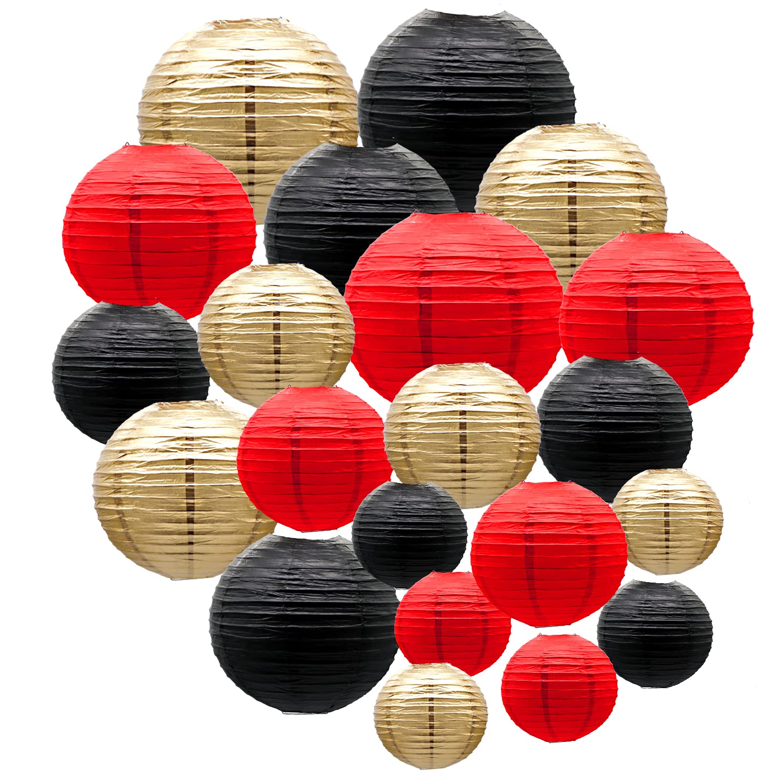 ADLKGG Paper Lanterns Set of 21, Red Black Gold, Metal Decorations for Graduation, BBQ, Mickey Mouse Birthday, Pirate Theme Party