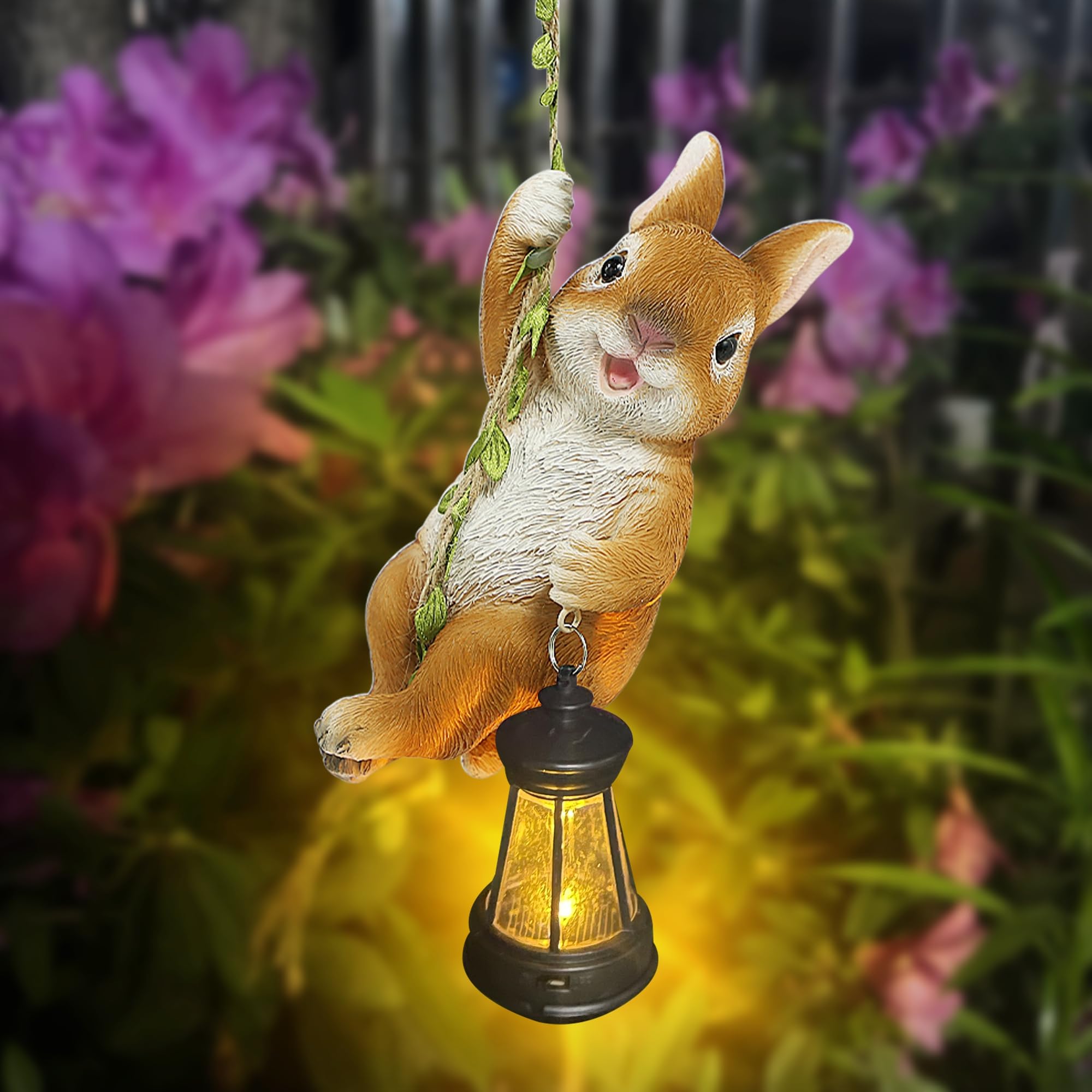 Joliyoou Solar Light Outdoor Statue, Resin Rabbit Climbing on Vine with LED Lantern, 6.9in H, 23.6in L, Waterproof Hanging Figurine