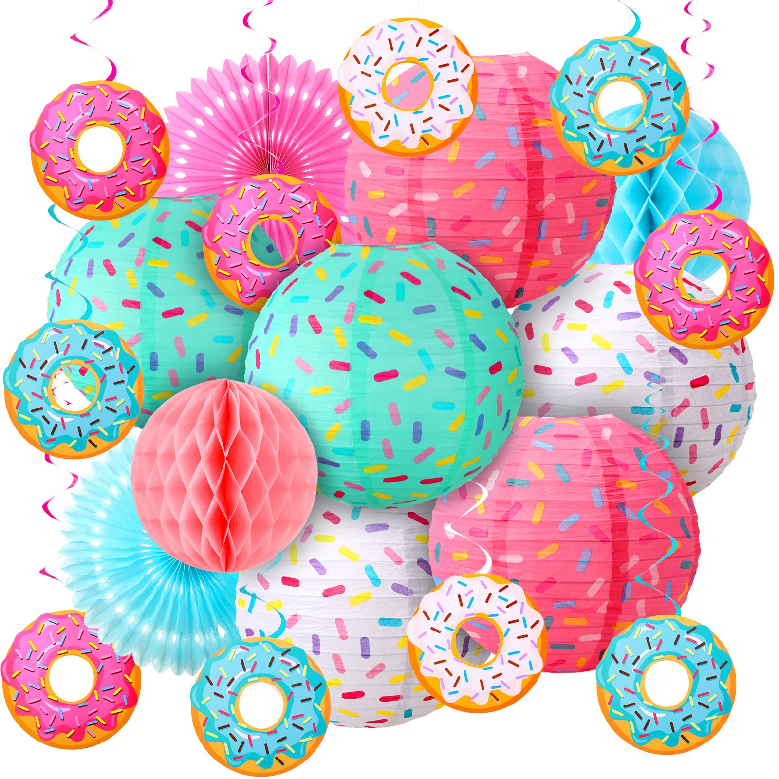 Hortsun 19 Pcs Donut Birthday Party Decorations Lanterns Hanging Donut Theme Decor Paper Lanterns Honeycomb Decorations Sweet Bi