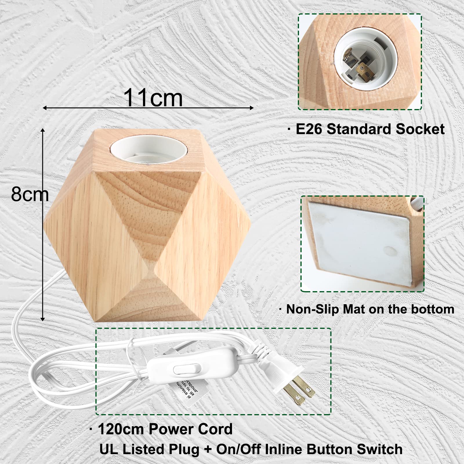 Ouxean Small Wood Table Lamp, Bedside Lamp With Diamond Wooden Base E26 60W Industrial Night Light Boho Deco For Bedroom, Living