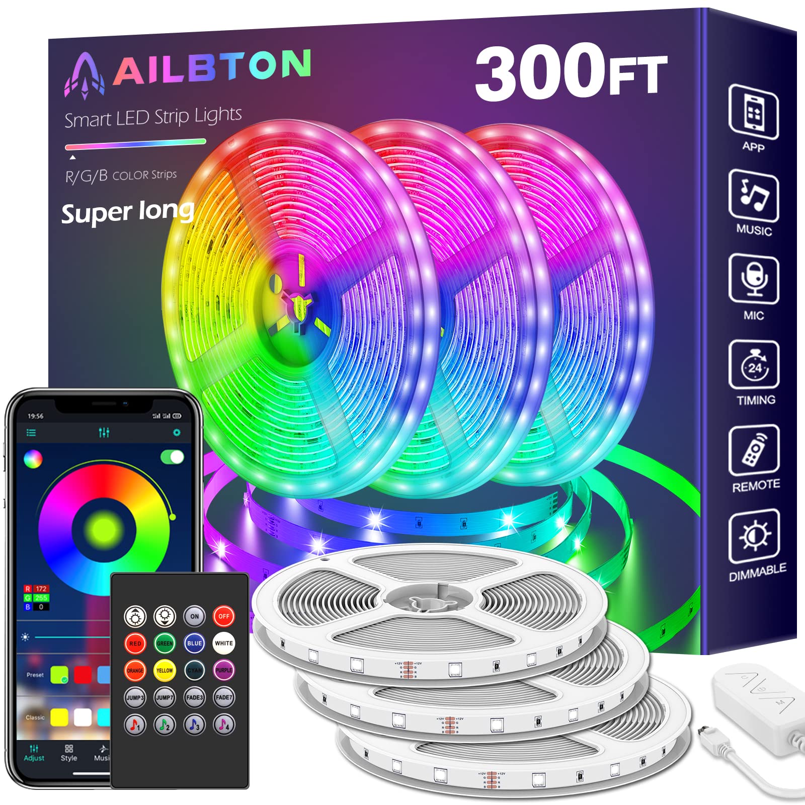 AILBTON LED Strip Lights, 300ft (3 Rolls of 100ft), RGB Color Changing, Music Sync, App & Voice Control, Plastic, Multicolor, Model DT2-60