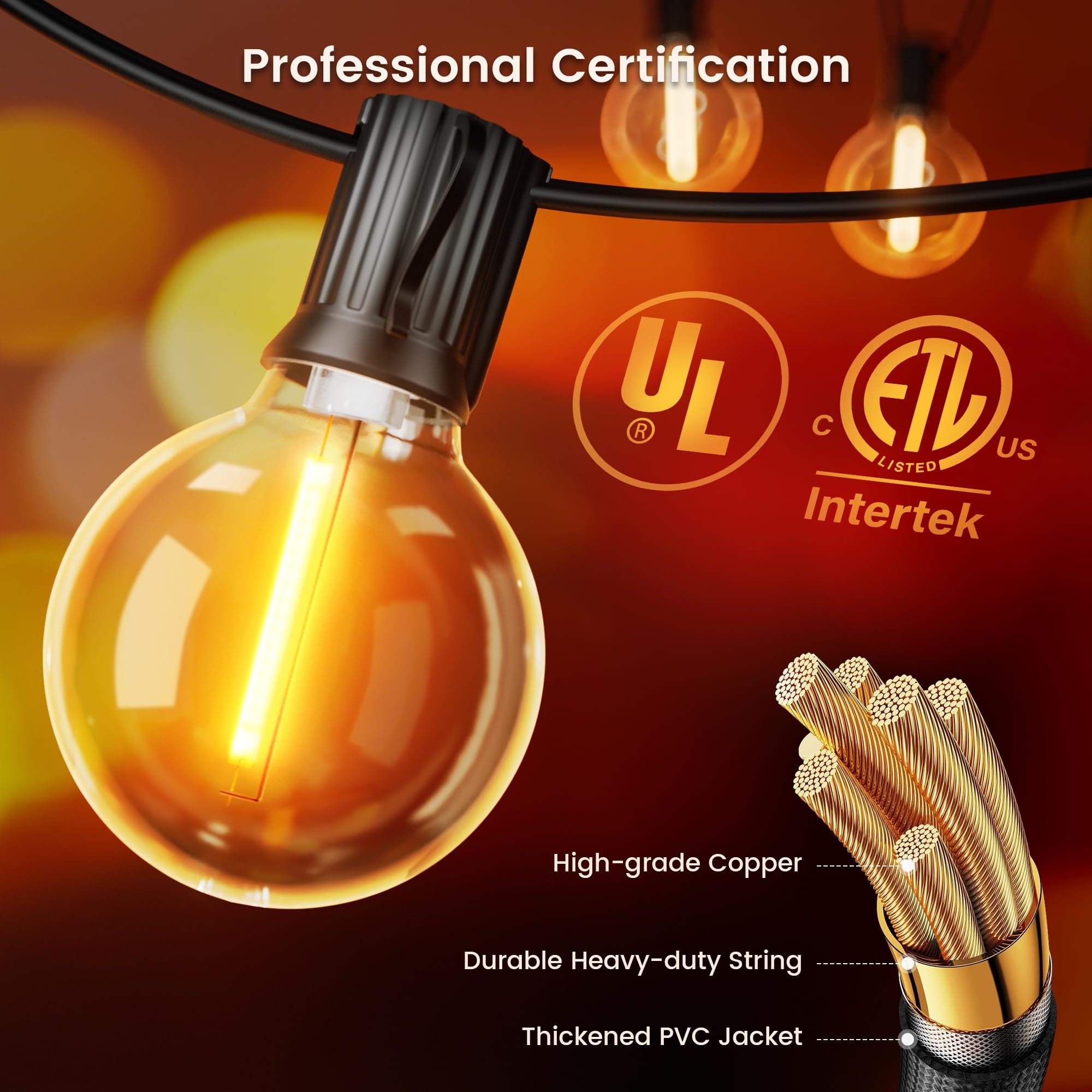 Ohlux Outdoor String Lights, 27 Ft G40 Globe Led Patio Lights With 13 Dimmable Plastic Bulbs(1 Spare), 2200K Waterproof Connecta