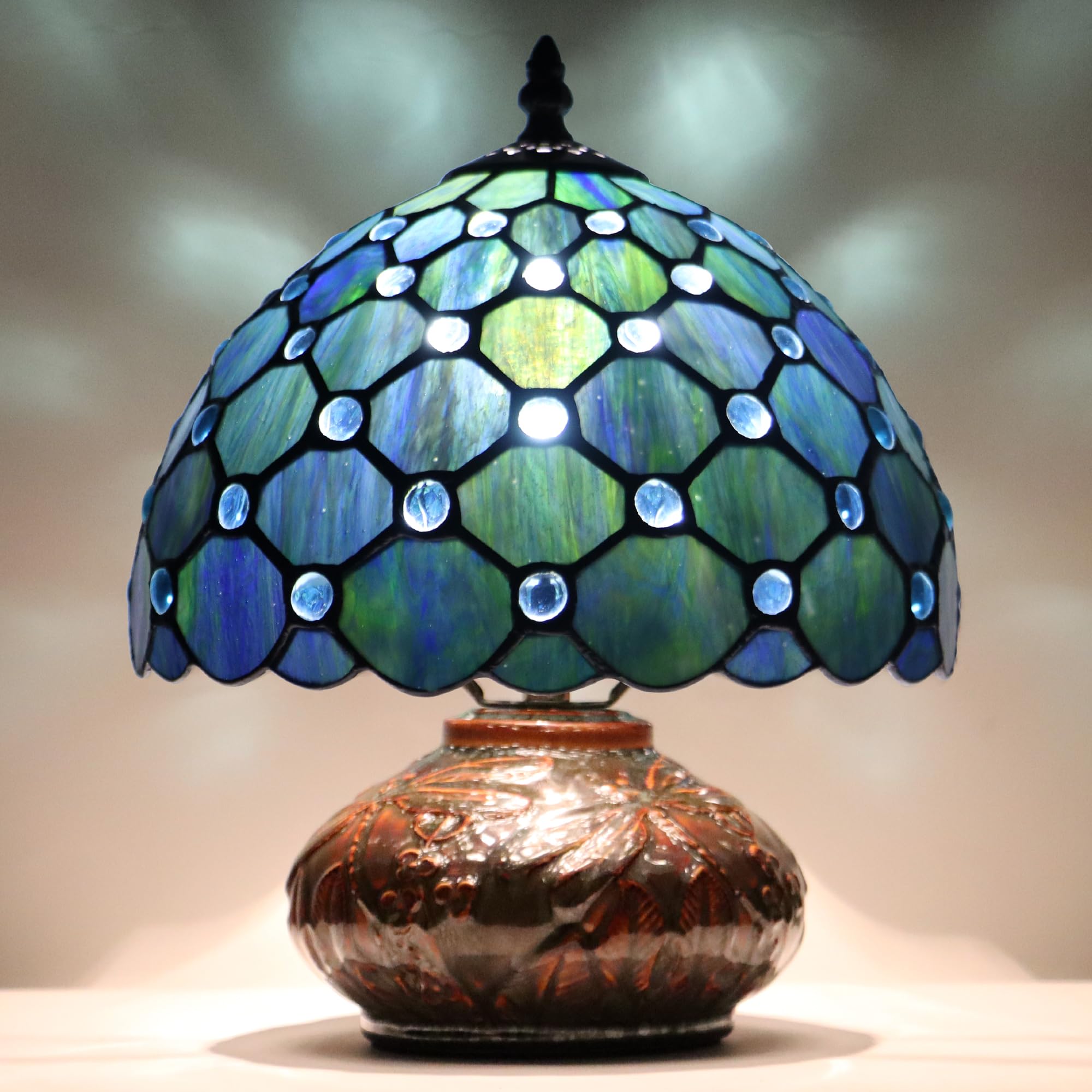 LXHCYOU Small Tiffany Table Lamp, 10X10X11 Inch Mini Stained Glass Mushroom Desk Light Memory Sympathy Ceramic lamp (Sea Blue Pe