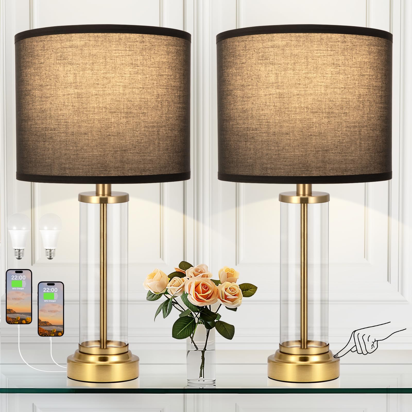 Black Gold Bedroom Lamps Set of 2 - Touch Bedside Lamp for Night Stands with USB C+A, 3 Way Dimmable Nightstand Table Lamps for 