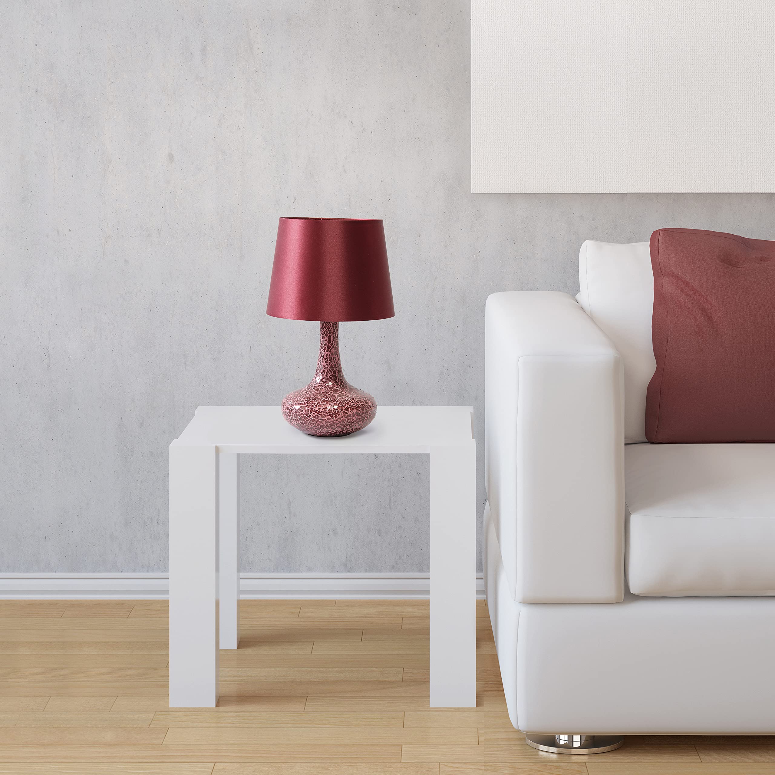 Simple Designs Lt3039-Red 14.17” Contemporary Mosaic Tiled Glass Genie Standard Table Lamp With Matching Fabric Shade For Home Décor, Bedroom, Living Room, Foyer, Office, Red