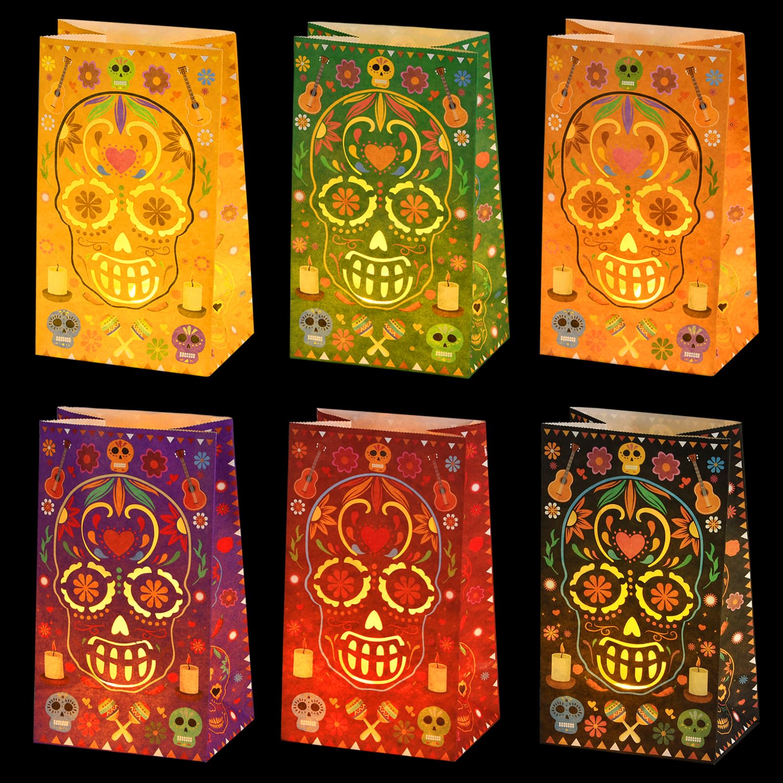 Antenda 30 Pcs Dia De Los Muertos Decorations Luminary Bags  Day Of The Dead Diwali Decor Flame Resistant Candle Bag - Halloween Candy Bag Mexican Fiesta Party Altar Favors Supplies