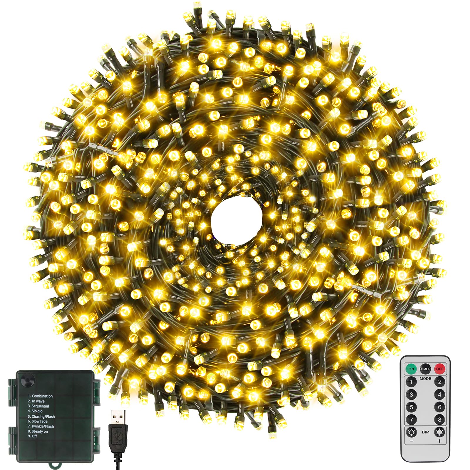 XTF2015 Christmas Lights 66FT 200 LED String Lights Timer Memory Function USB and Batter y Powered Waterproof String Light, Easy