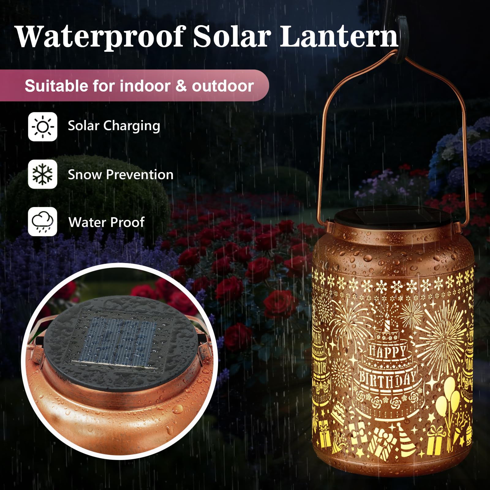 HEGUD Solar Lantern Outdoor Garden Decor - Waterproof Metal Hanging Light, Gold, Model OGS-SL-H-HappyB