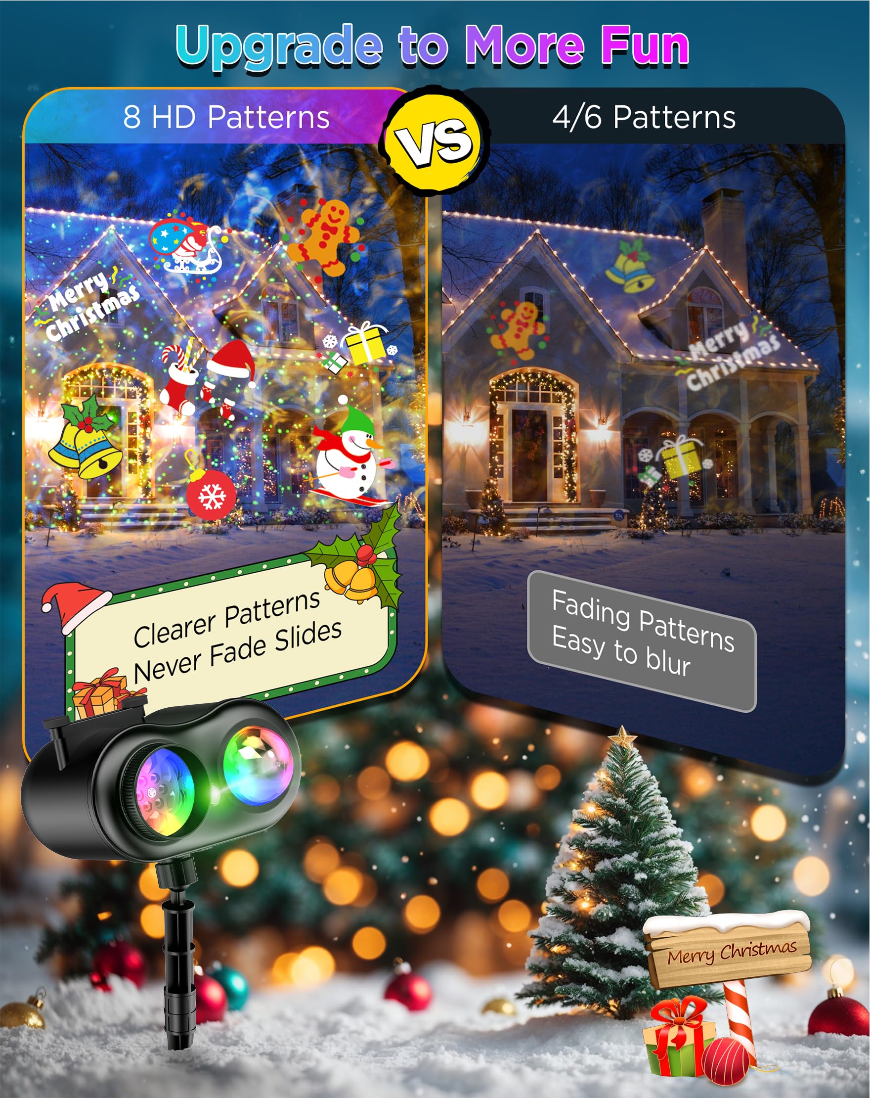 jepwe Christmas Projector Lights - Waterproof, 10 Slides, 8 HD Patterns, Firefly & Ocean Wave Effects, Model SE508-012-10K-US