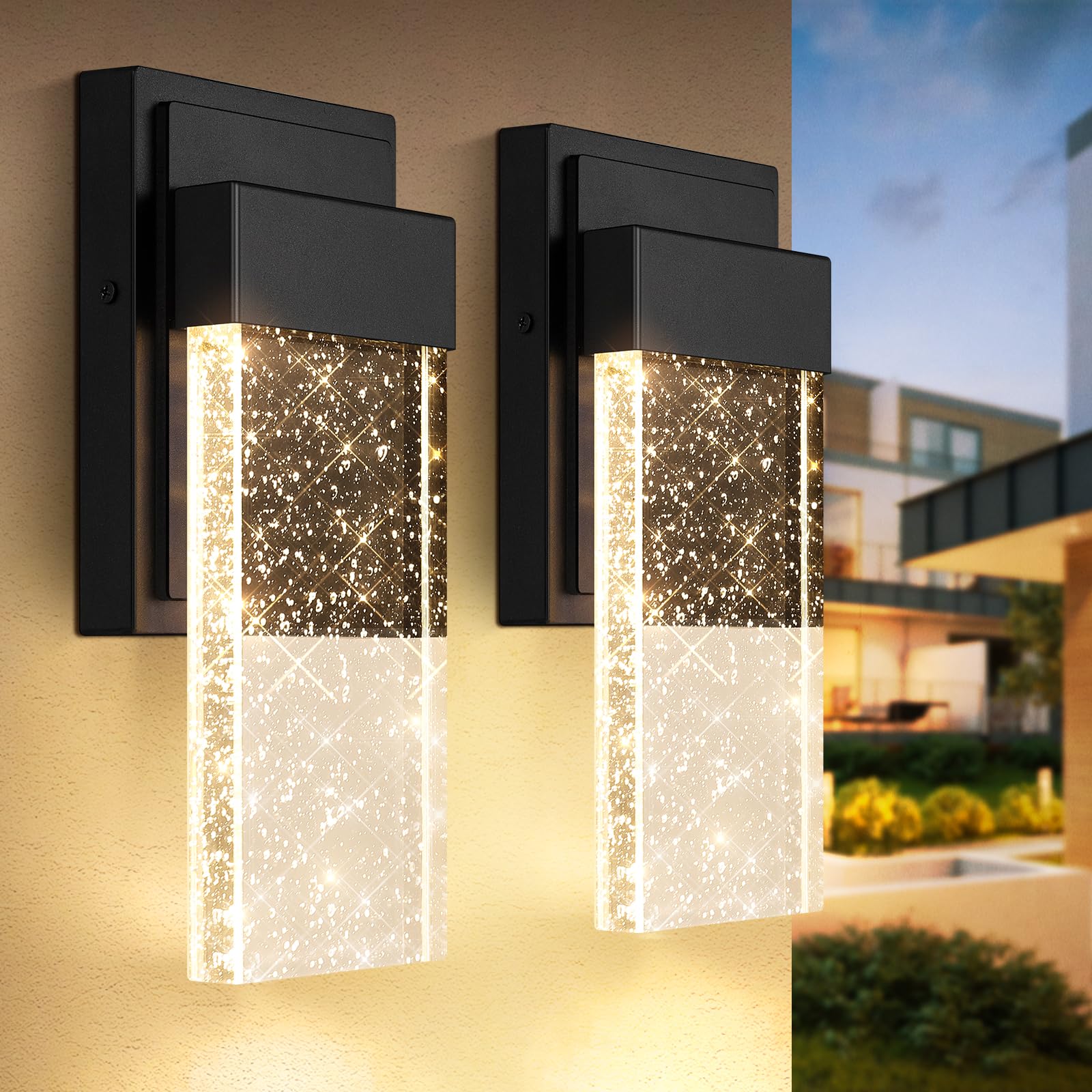 Beslowe Waterproof Outdoor Wall Light Fixture, Crystal Bubble Glass, 10W Led Sconce, 3000K