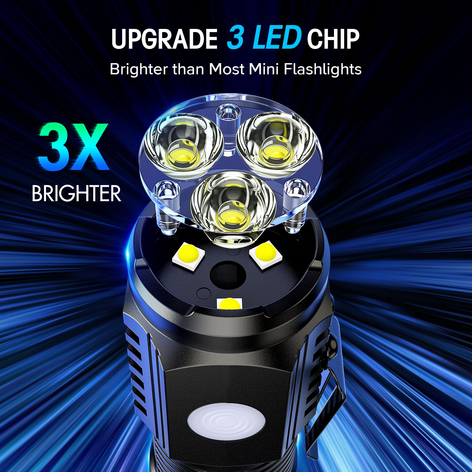 LETMY Rechargeable Mini Flashlights, 3 LED, 4 Lighting Modes, 2 Pack, Black, Model SFL008