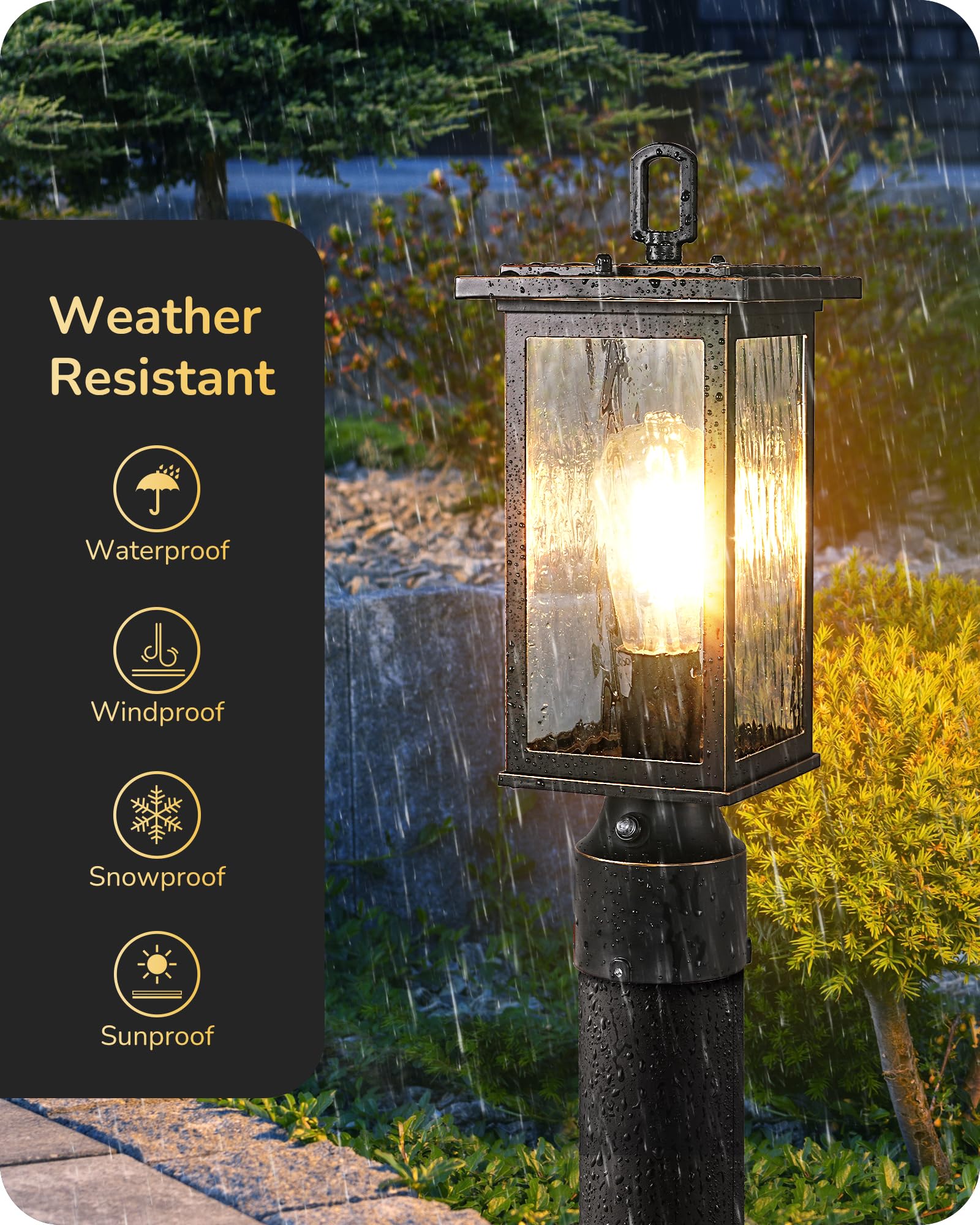 EDISHINE Dusk to Dawn Outdoor Post Light, Pole Light Fixture with Pier Mount Base, Water Ripple Glass & Aluminum Post Lantern He