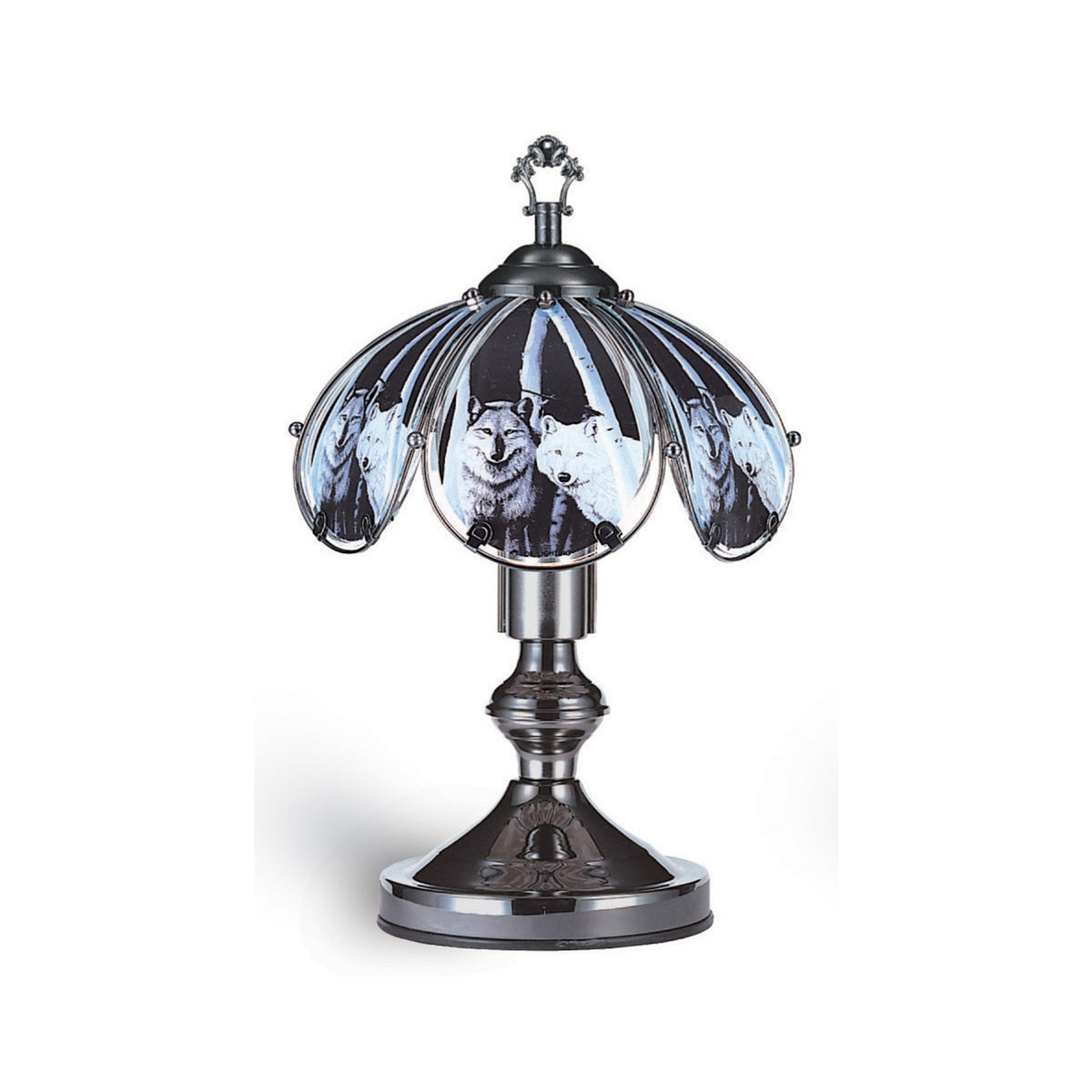 Ok Lighting 14.25-Inch Touch Lamp, Black Chrome With Wolf Theme & Birch Trees