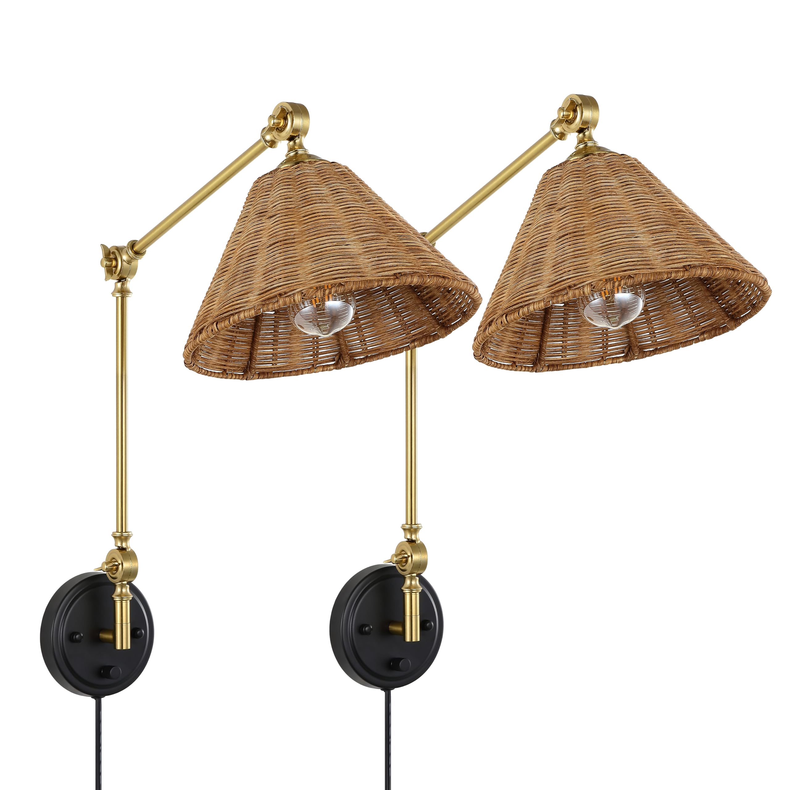 Wingbo Wall Sconce - Adjustable Rattan Wrapped Lamp, Brass & Wicker Shade, Gold/Black, Vintage Design, Plug-In Or Hardwire