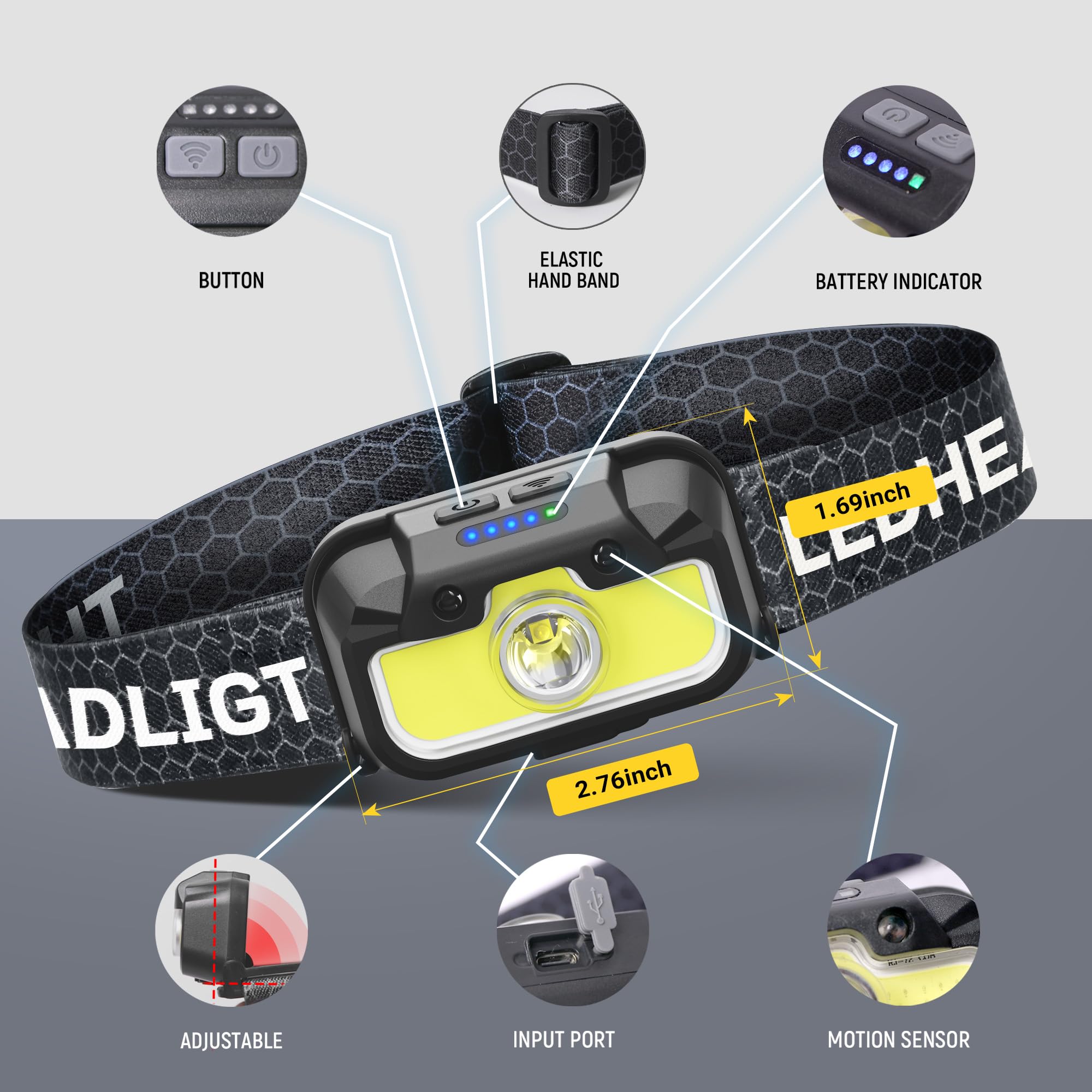 HOKOILN LED Headlamp 2-Pack - 1300 Lumen Rechargeable Flashlight with Green & Red Light, Waterproof, Motion Sensor, Cool Black