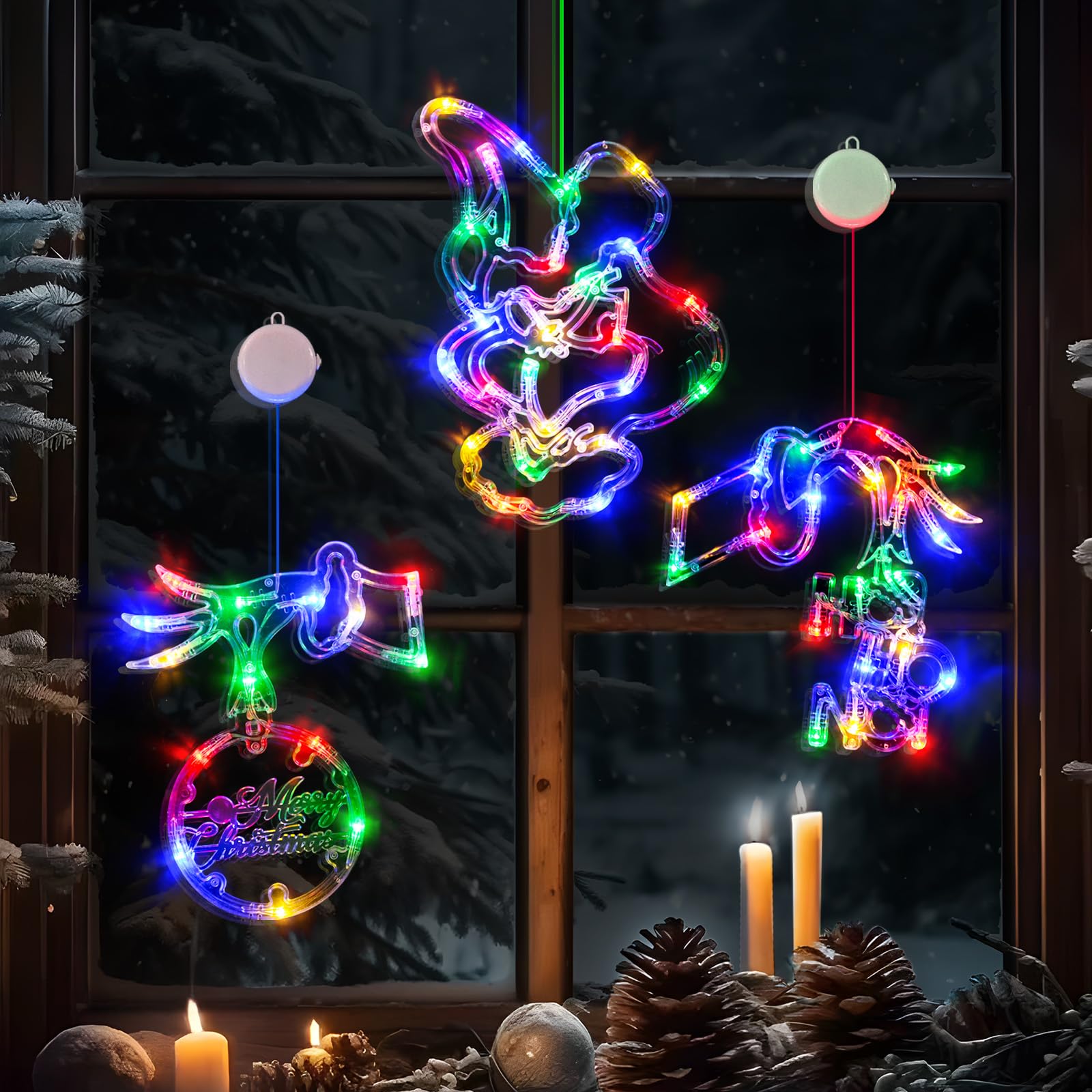 FASISOY Christmas Decorations 3 Pack Multi-Color Christmas Window Lights with Suction Cup, Battery Operated Christmas Lights, Sl