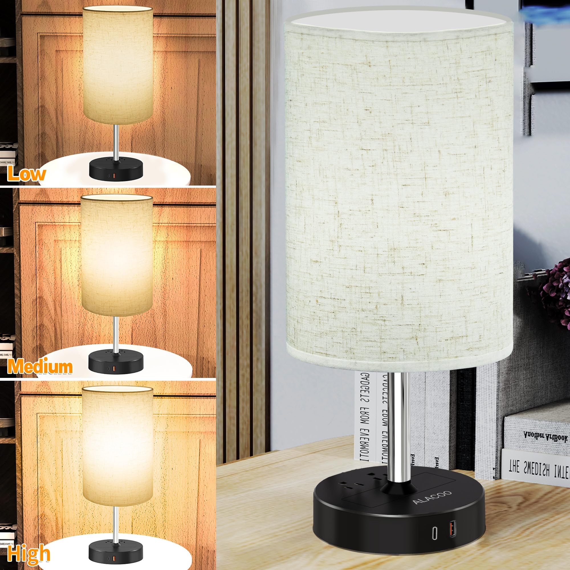 Bedside Lamp Touch Control Table Lamp With Usb C + A Charging Port & 2Ac Outlet 3-Way Dimmable Bedside Nightstand Lamps With Rou