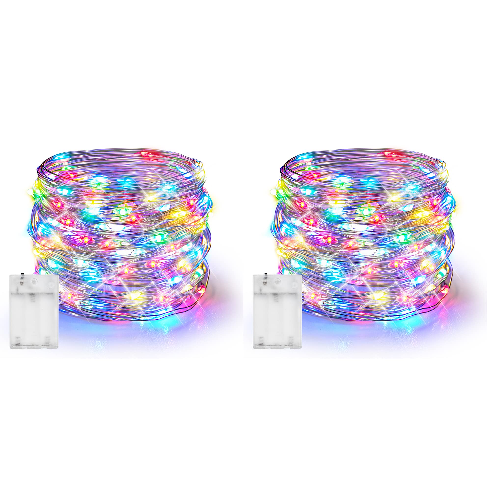 Dazzle Bright Fairy Lights Battery Operated, 2 Pack 20 FT 60 LED Silver Wire Waterproof Battery Operated String Lights, Christmas Decorations for Indoor Outdoor Bedroom Yard Decor, Multi-Colored