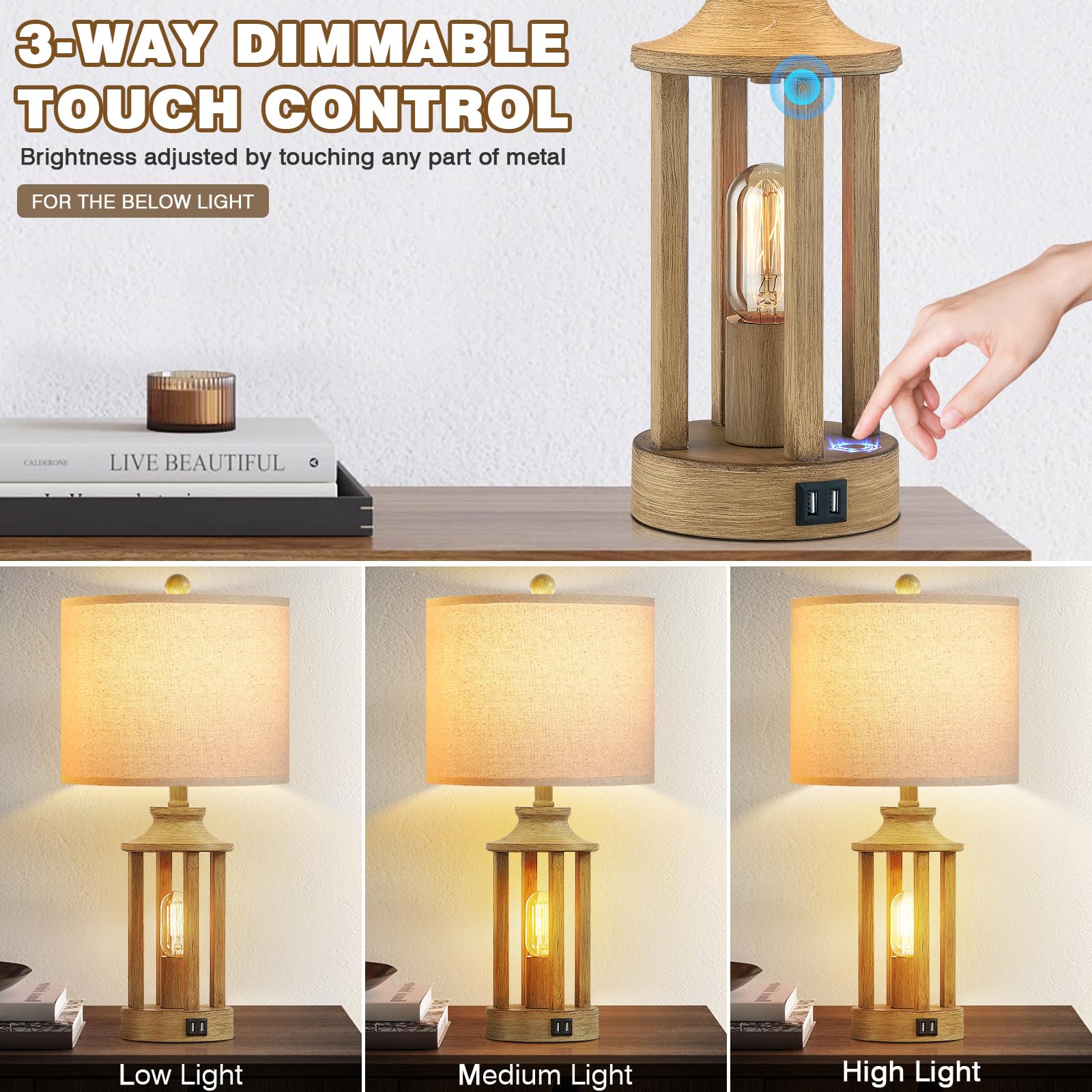 Ruzectt Touch Control Table Lamp Set of 2, 3-Way Dimmable, USB Ports, Rustic Design, Large, Wood, Model TD-RZ-148