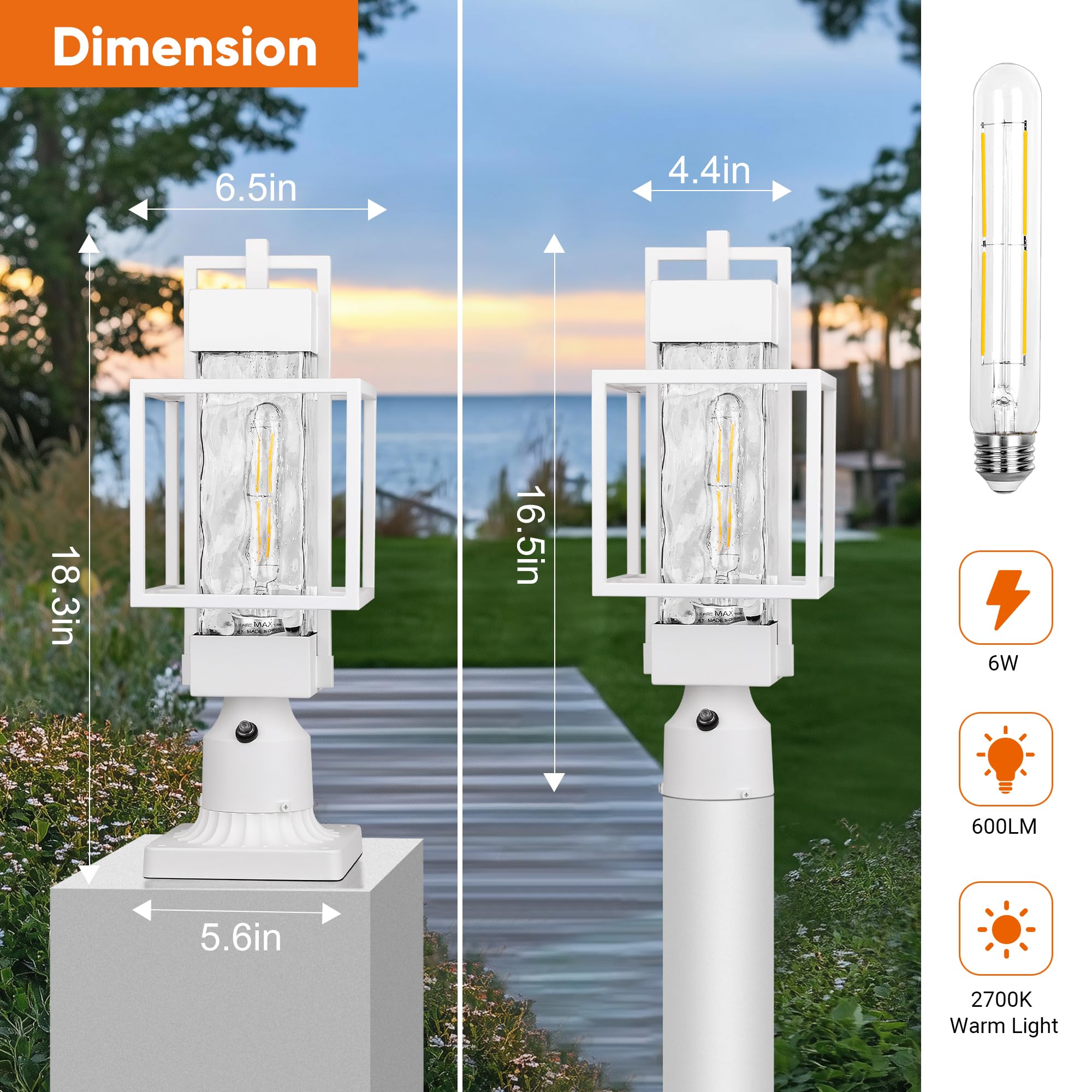 PARTPHONER 18in Dusk to Dawn Outdoor Post Light Fixture, Waterproof Aluminum, White, Model PAPO034AW1