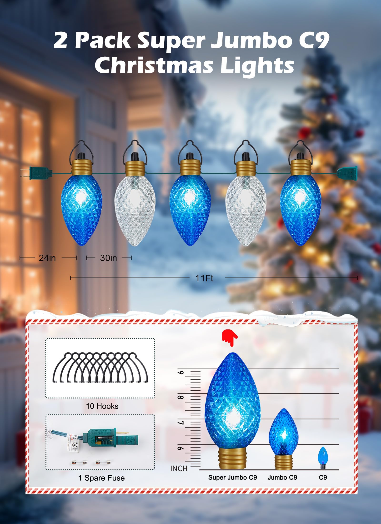 2 Pack 11Feet 5 Led Super Jumbo Christmas String Lights Or Pathway Marker Lights, Outdoor Xmas Decorations- Jumbo C9 Hanging Lig
