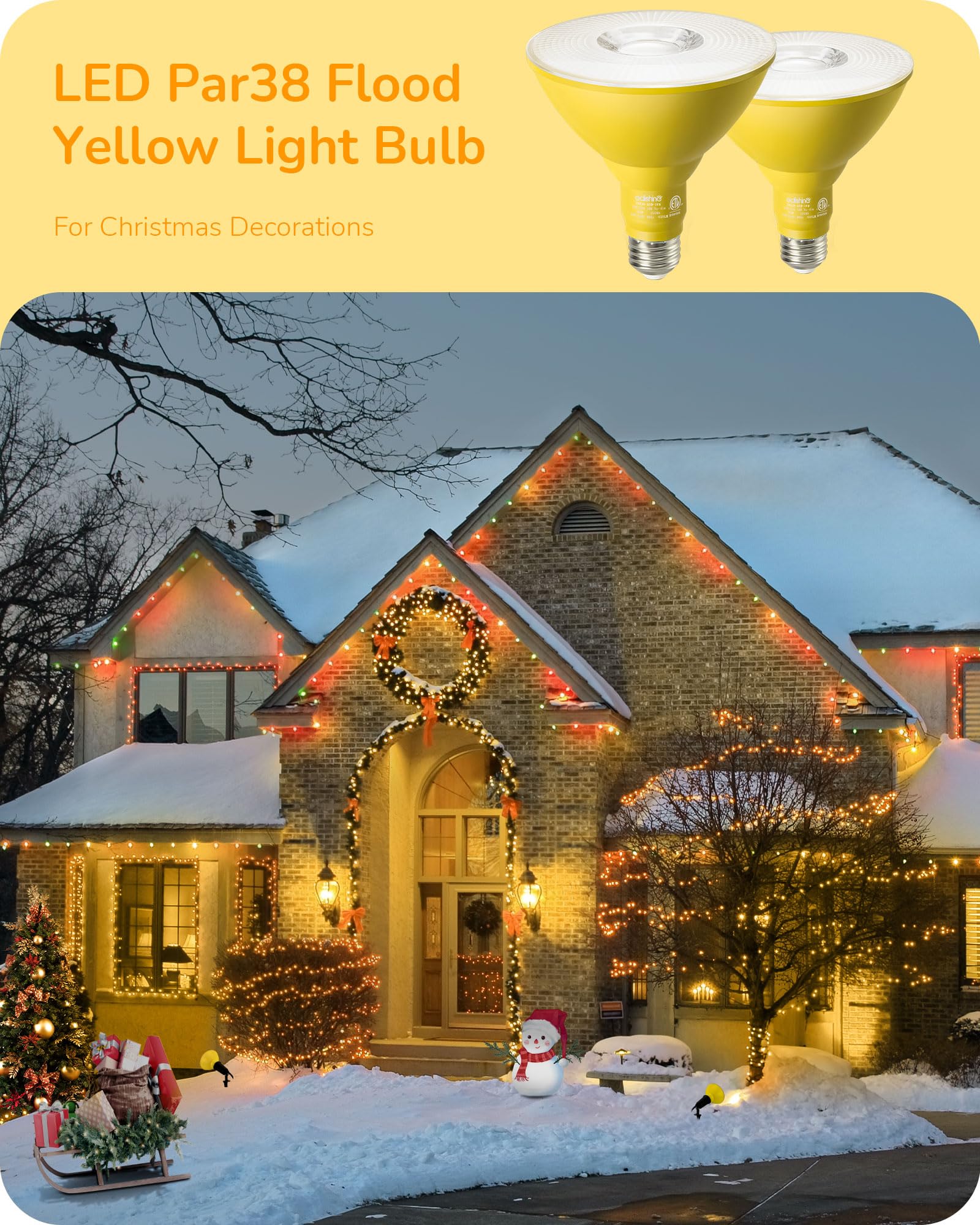 Edishine 18W Yellow Led Flood Light Bulbs, Dimmable, E26 Base, Etl Listed, 2 Pack