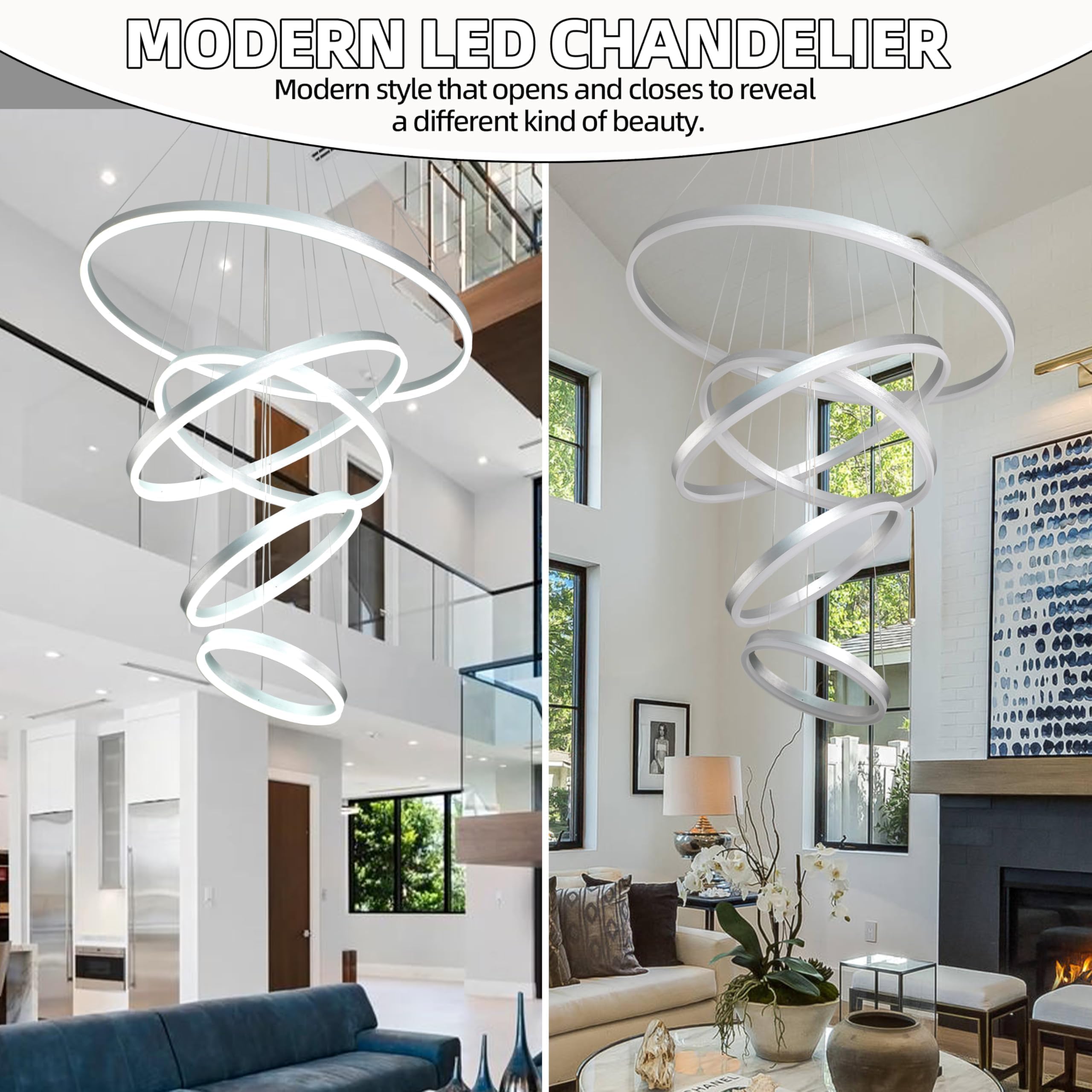 Mccokaige 5 Rings Modern Sliver Pendant Lights Led Chandelier Dimmable Height Adjustable Chandeliers Color Temperature Sliver Ch