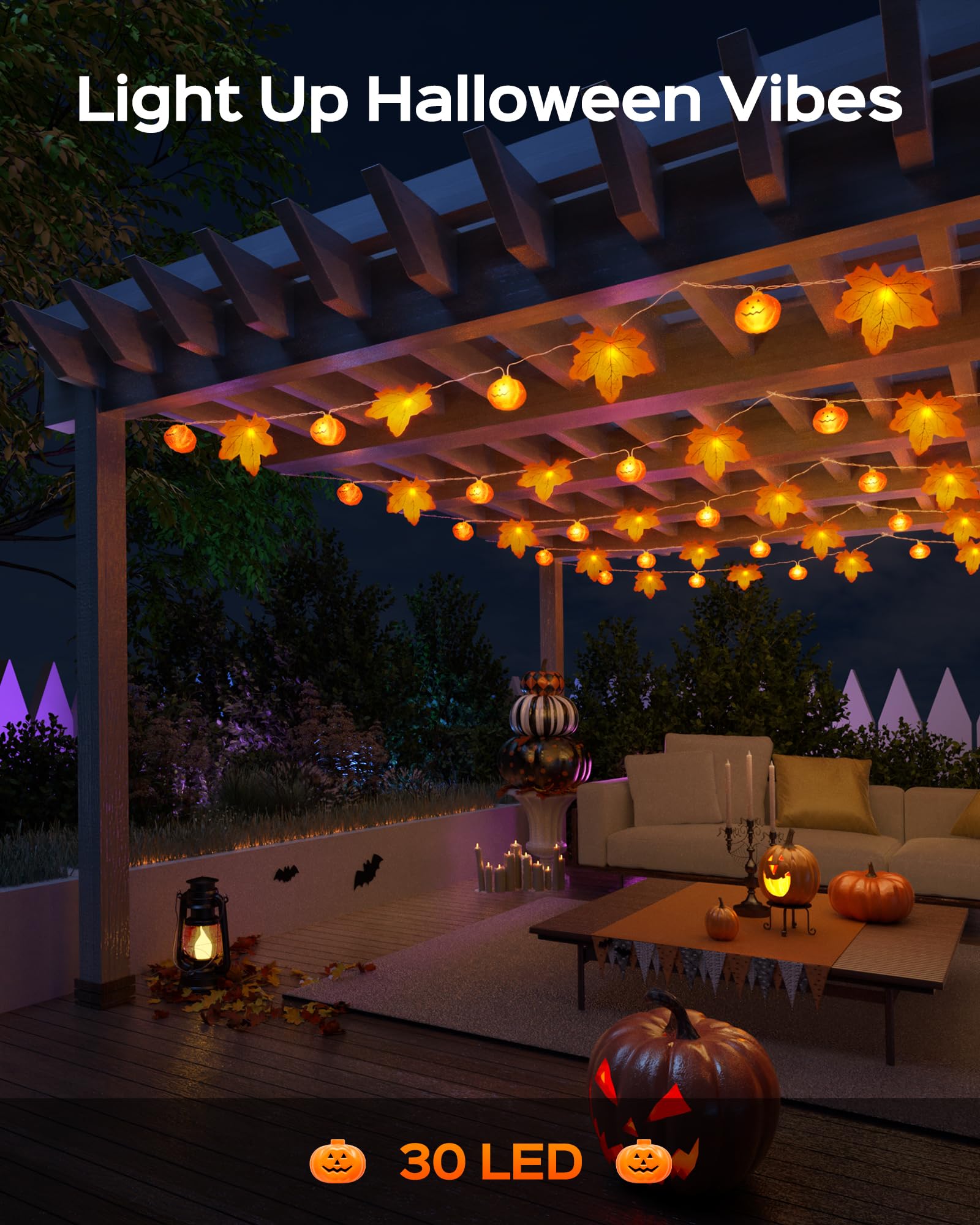 JACKYLED Christmas Decorations String Lights 30-LED Pumpkin Maple Leaf Decor Lights 15 FT 8 Modes with Remote Control and Timer