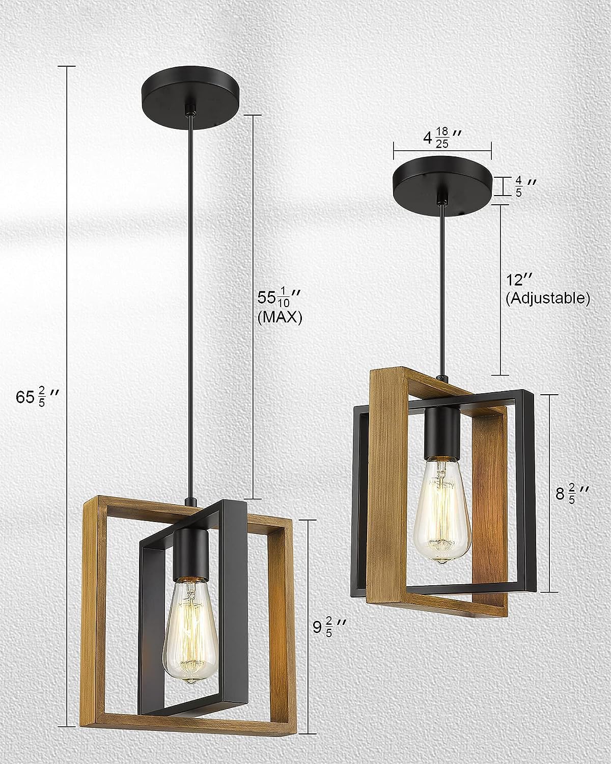 CAFULAM Modern Adjustable Black Pendant Lighting, 2 Pack Wood+Metal Fixture for Kitchen Island, Model PTC