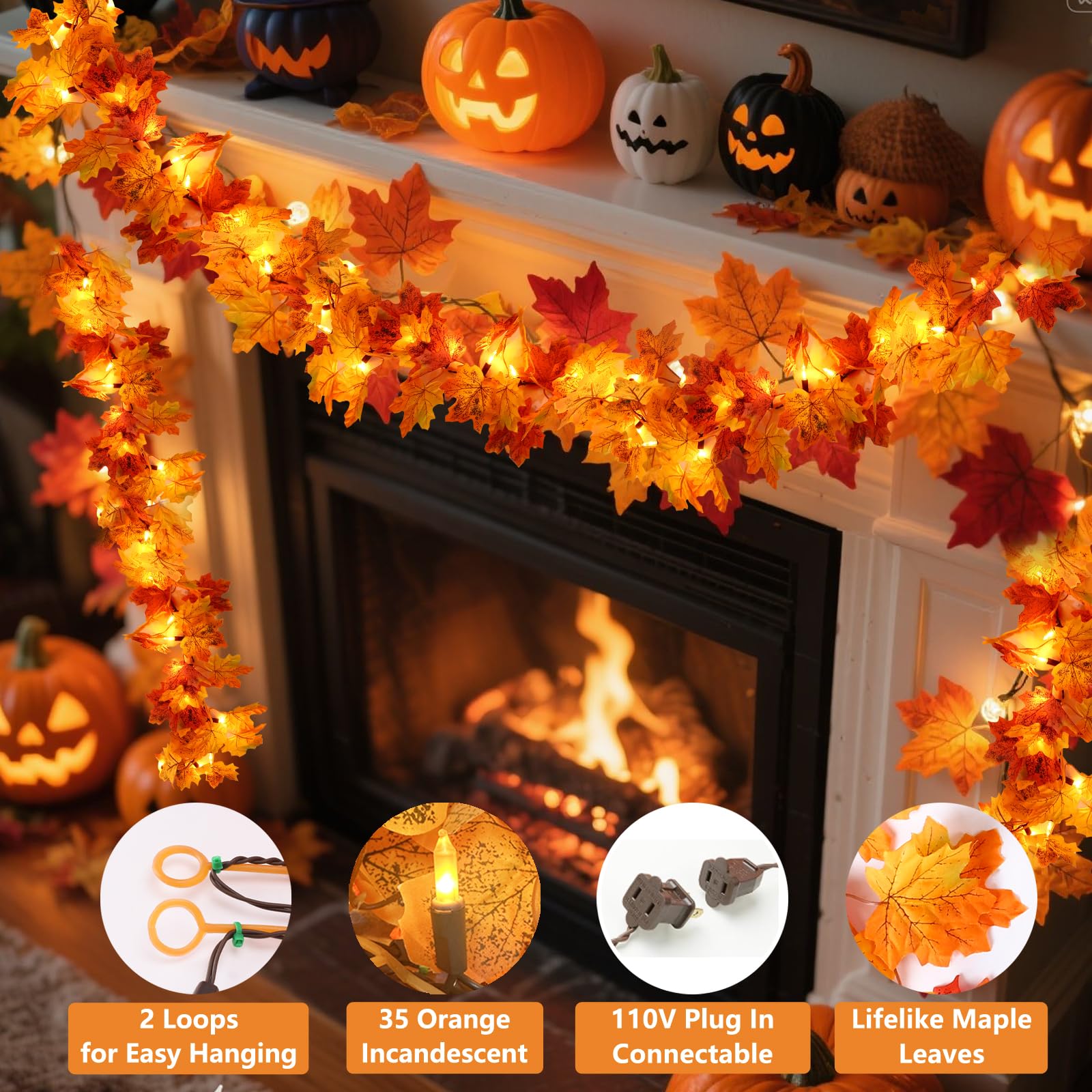 2Pack Fall Leaf Garland With Lights Plug In  35 Orange Bulbs Light Up Fall Leaves Garland  Fall Decor Fall Decorations For Home Table Thanksgiving Mantel Fireplace Porch Halloween Autumn Decorations