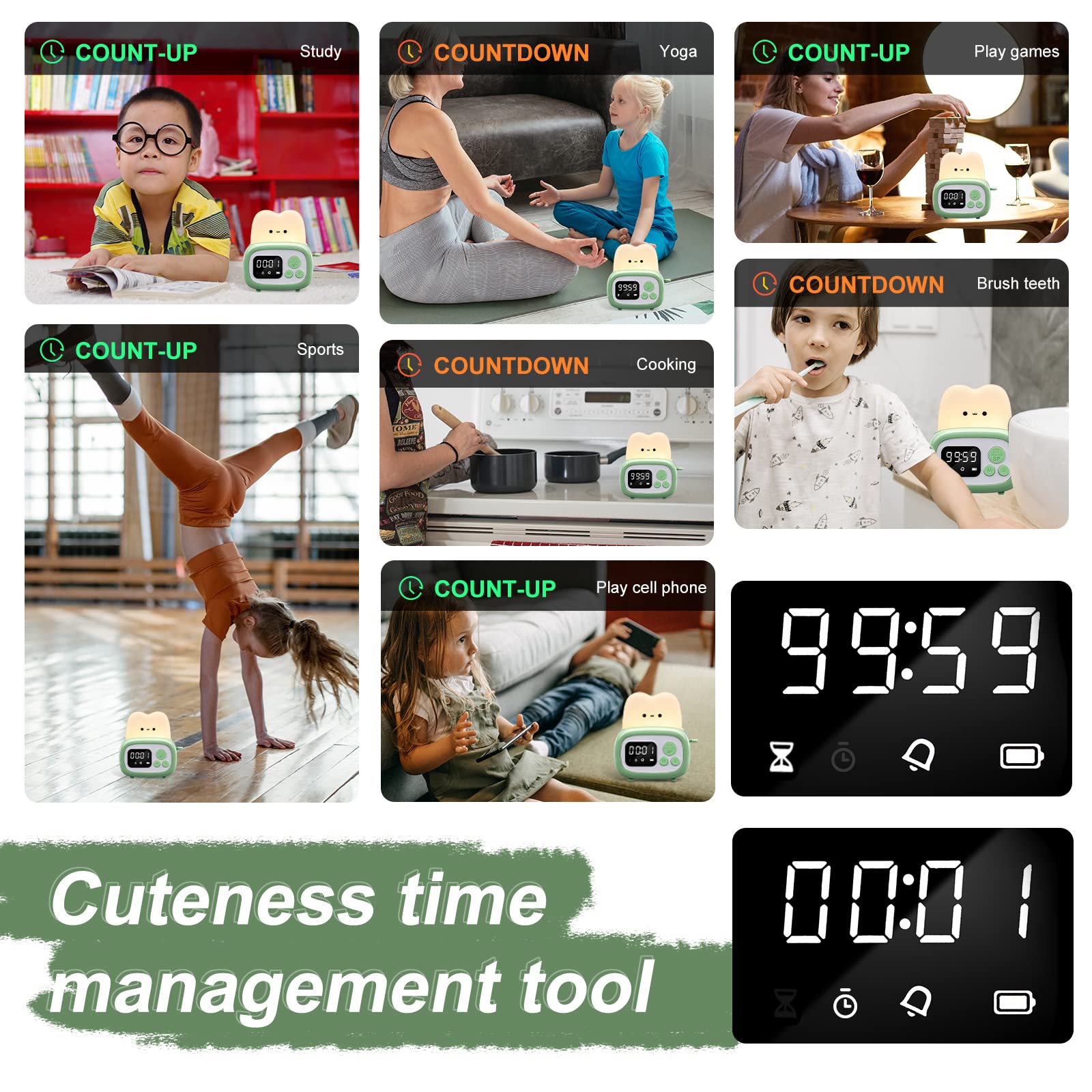 QANYI Small Timer Clock Lamp, Digital Alarm Night Light, Green, 2.2*3.8*4 inches, ABS+PC Material, Kids Birthday Gift