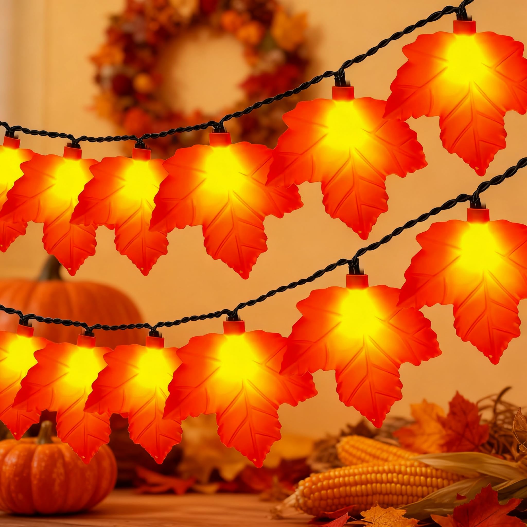 Abeja Fall Decor Maples Leaf String Lights  8.5Ft Fall String Lights Plug In With 10 Led Orange Leaves Lights  Orange Thanksgiving Lights For Thanksgiving Decor  Indoor Outdoor Decorations