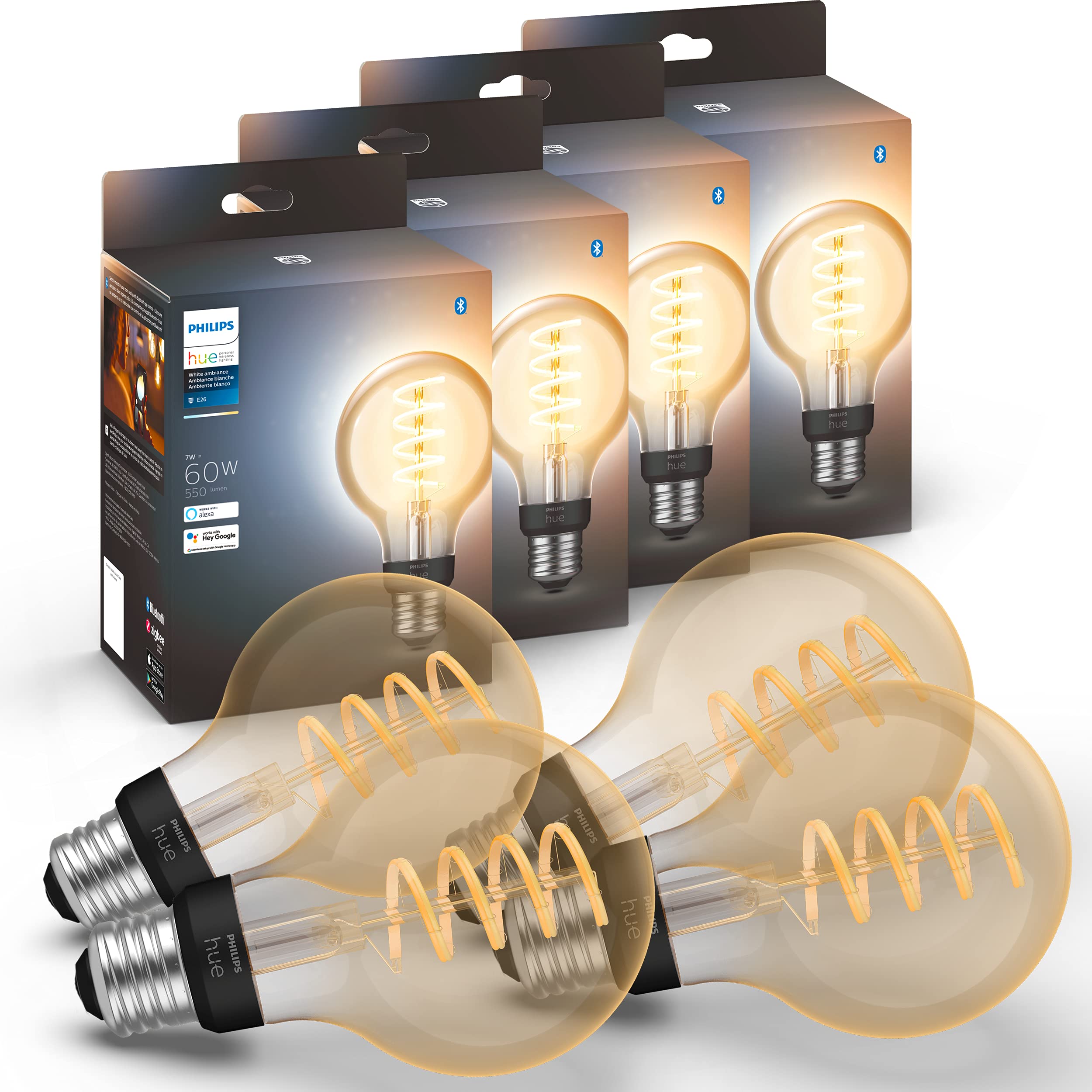 Philips Hue Smart 60W G25 Filament Led Bulb - White Ambiance Warm-To-Cool White Light - 4 Pack - 550Lm - E26 - Indoor - Control