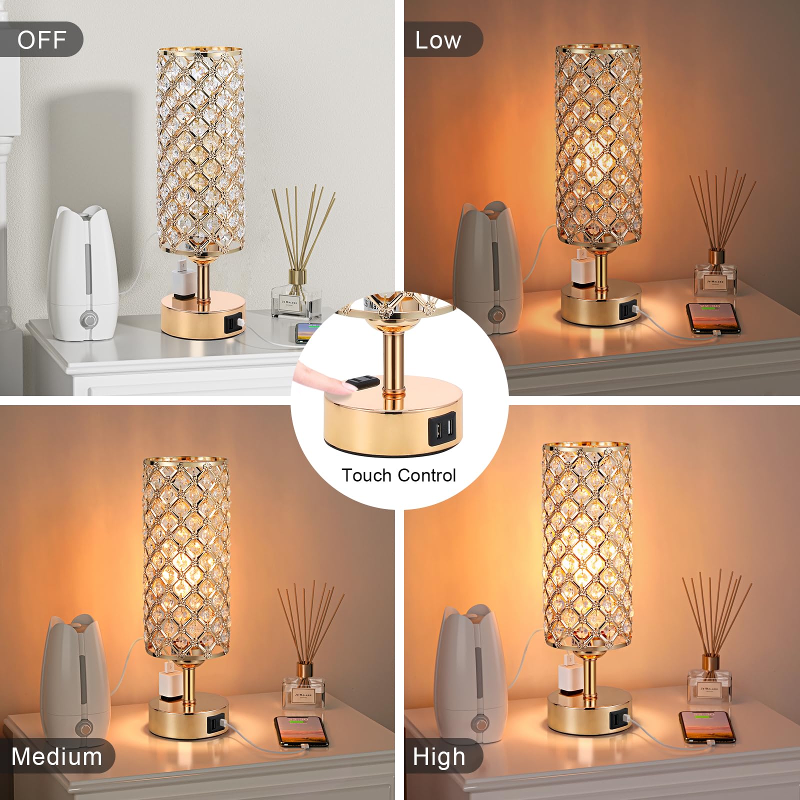 Hong-in Crystal Table Lamp - Gold Bedside Lamp with USB-C & AC Ports, 3-Way Dimmable Touch Light, Bulb Included, Perfect for Girls' Room