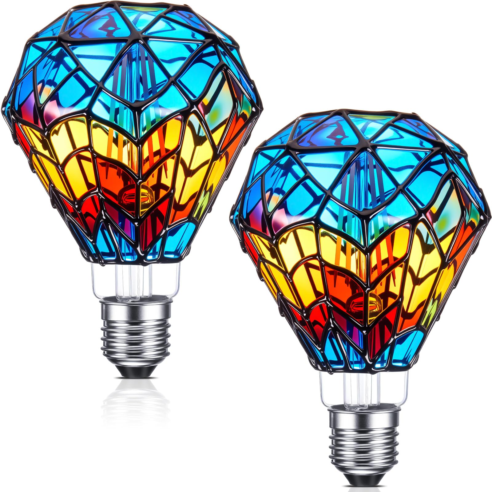 Baquler 2 Pcs Stained Glass LED Light Bulb Diamond Shape E26 Base A60 6 Watts G95 Shape Colorful Flickering Light Bulbs for Chri