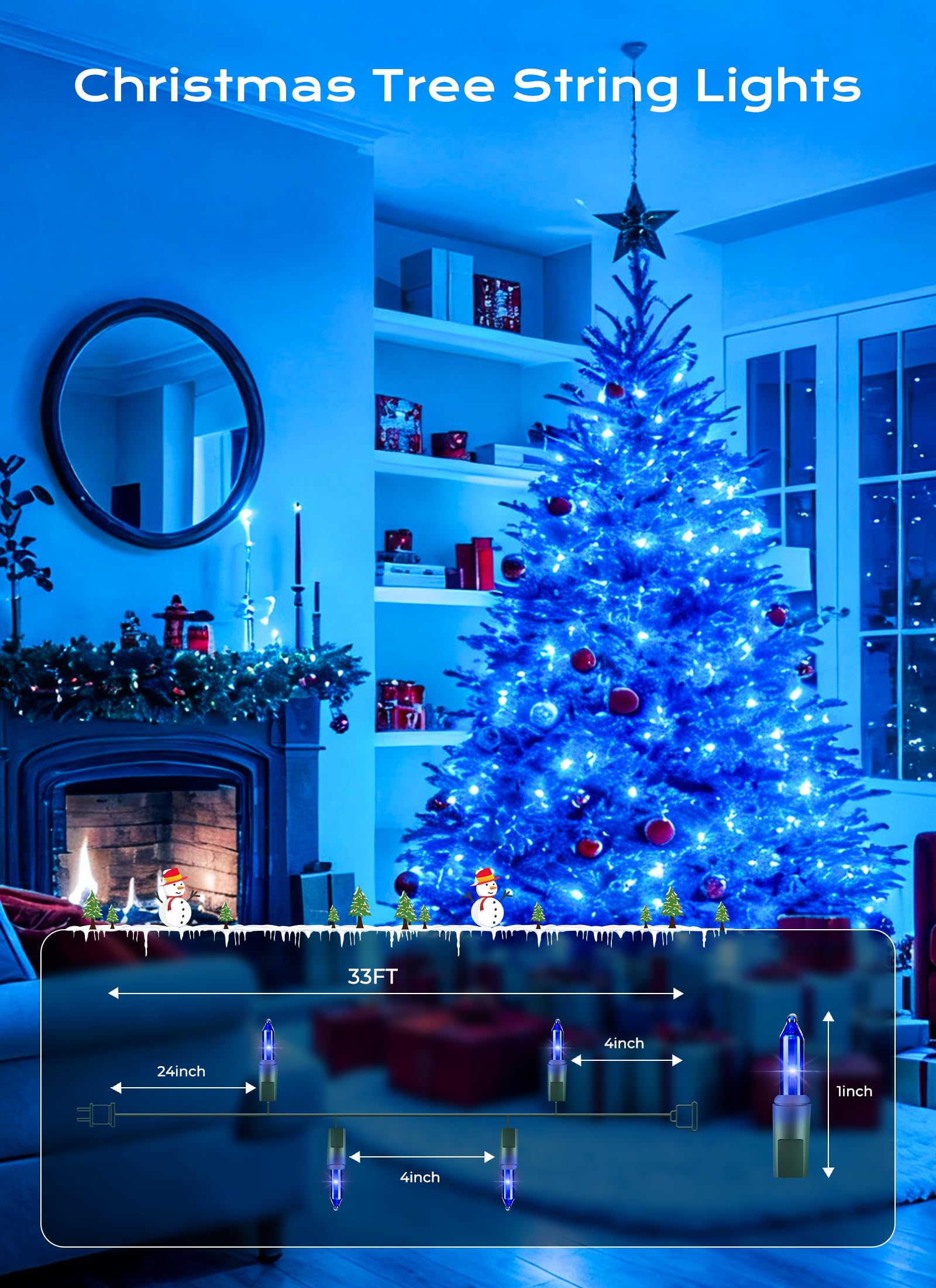 Minetom LED Blue Christmas String Lights, 100 Count, 33 ft, Indoor/Outdoor Holiday Decor, Plastic Bulbs, Blue-Green Wire