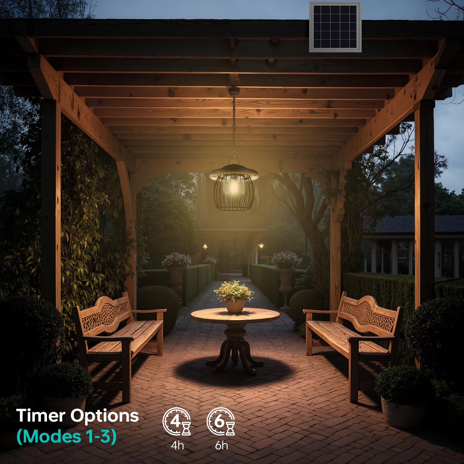 Deogos Solar Pendant Light - 3000LM, 4400mAh Battery, Motion Sensor, 3 Color Temperatures, Waterproof, Black, Gazebo Size