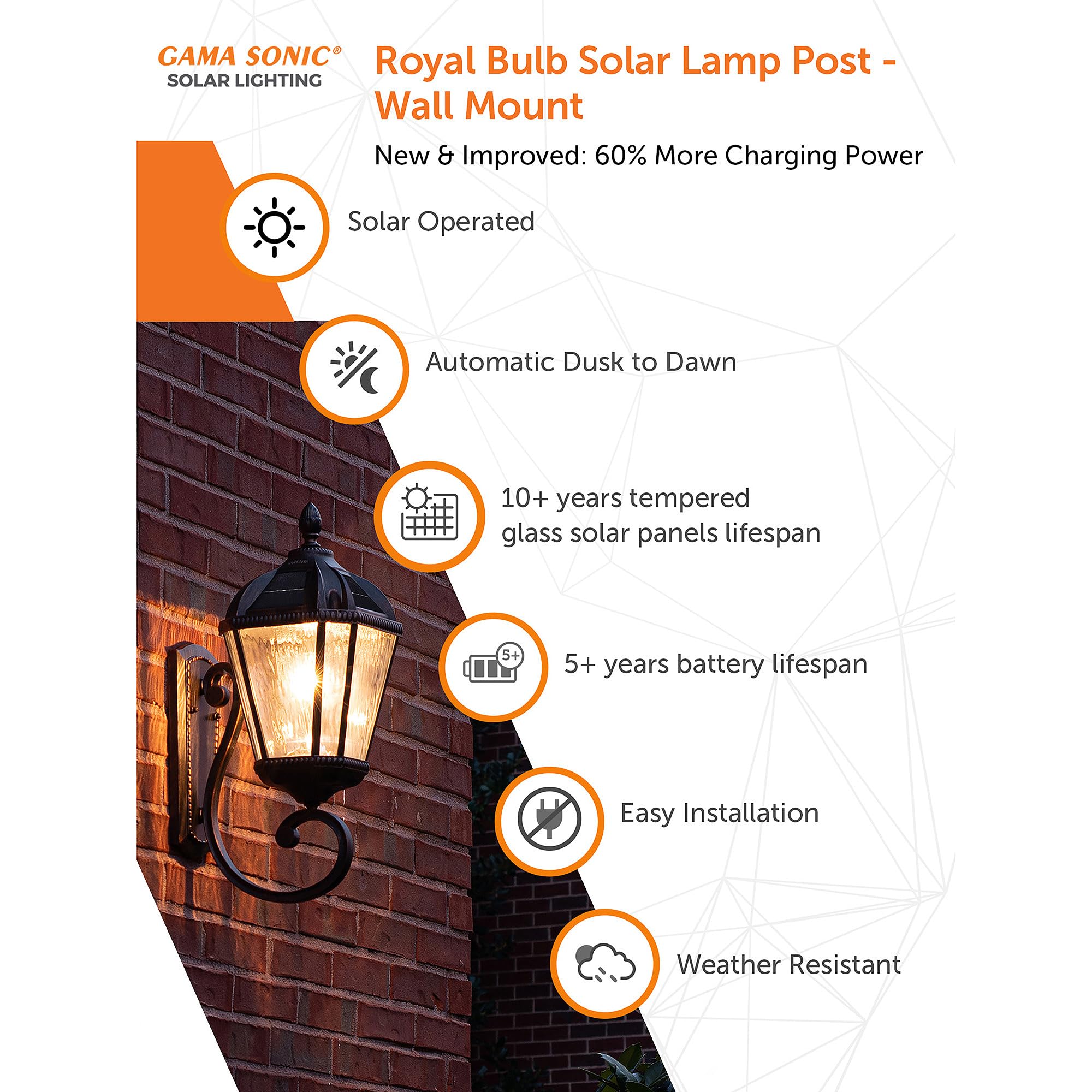 Gama Sonic Solar Outdoor Wall Light, Royal Bulb Exterior Sconce Lamp, Brushed Bronze Finish Aluminum, Clear Beveled Glass, Warm