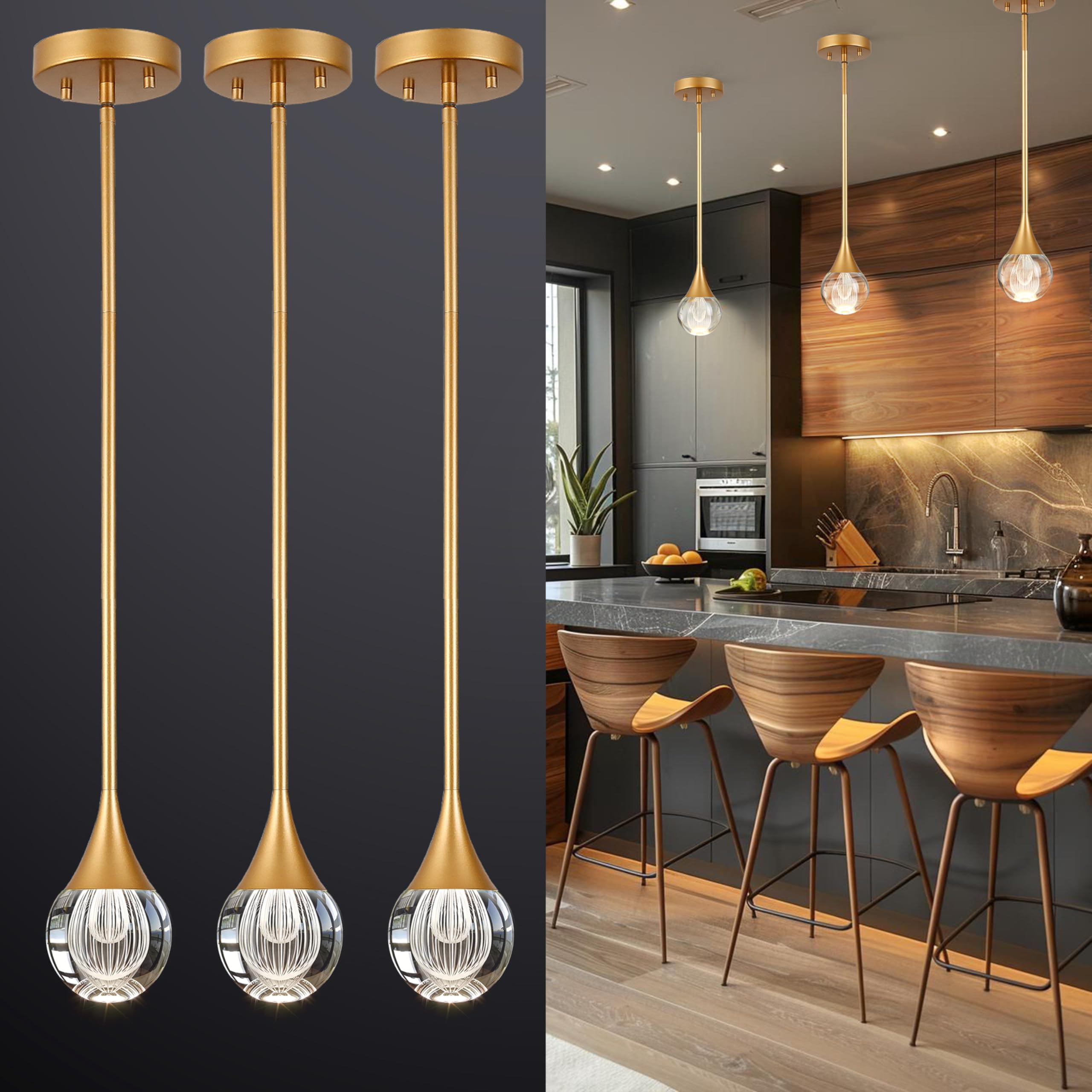EANLOLY 3-Pendant Lights Kitchen Island, Brass Gold Globe Crystal Ceiling Hanging Light Fxitures, LED Light Fixtures Metal Rod C