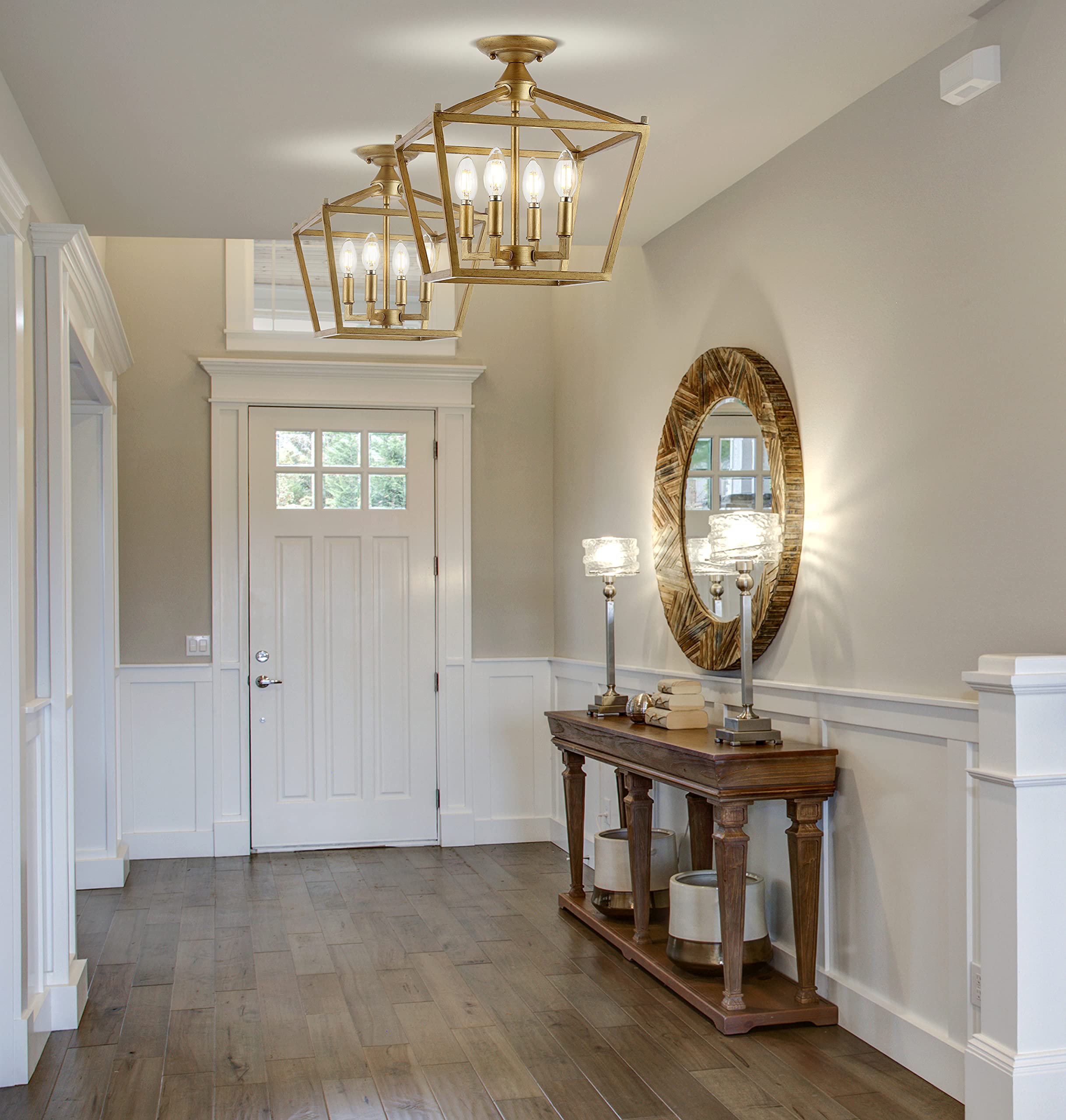 Jonathan Y Jyl7610B Plains Mini Lantern 12" 4-Light Iron Modern Farmhouse Led Flush Mount, Rustic, Industrial, Dimmable, 2700K Cozy Warm Light Kitchen, Hallway, Bathroom, Stairwell, Brass Gold