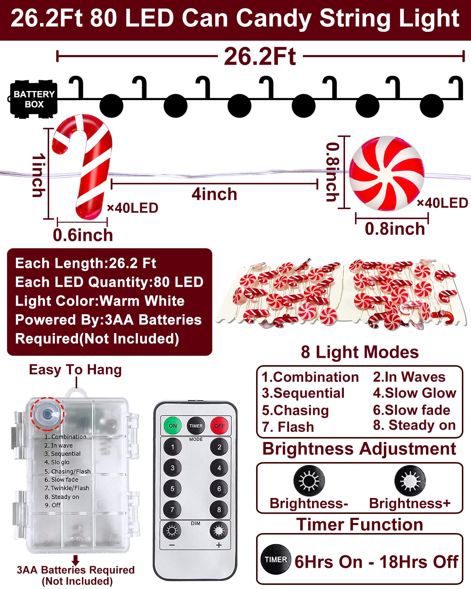 TURNMEON 26.2Ft 80LED Candy Cane Christmas String Lights with Timer, Remote Control, Battery Operated, Warm White, Red