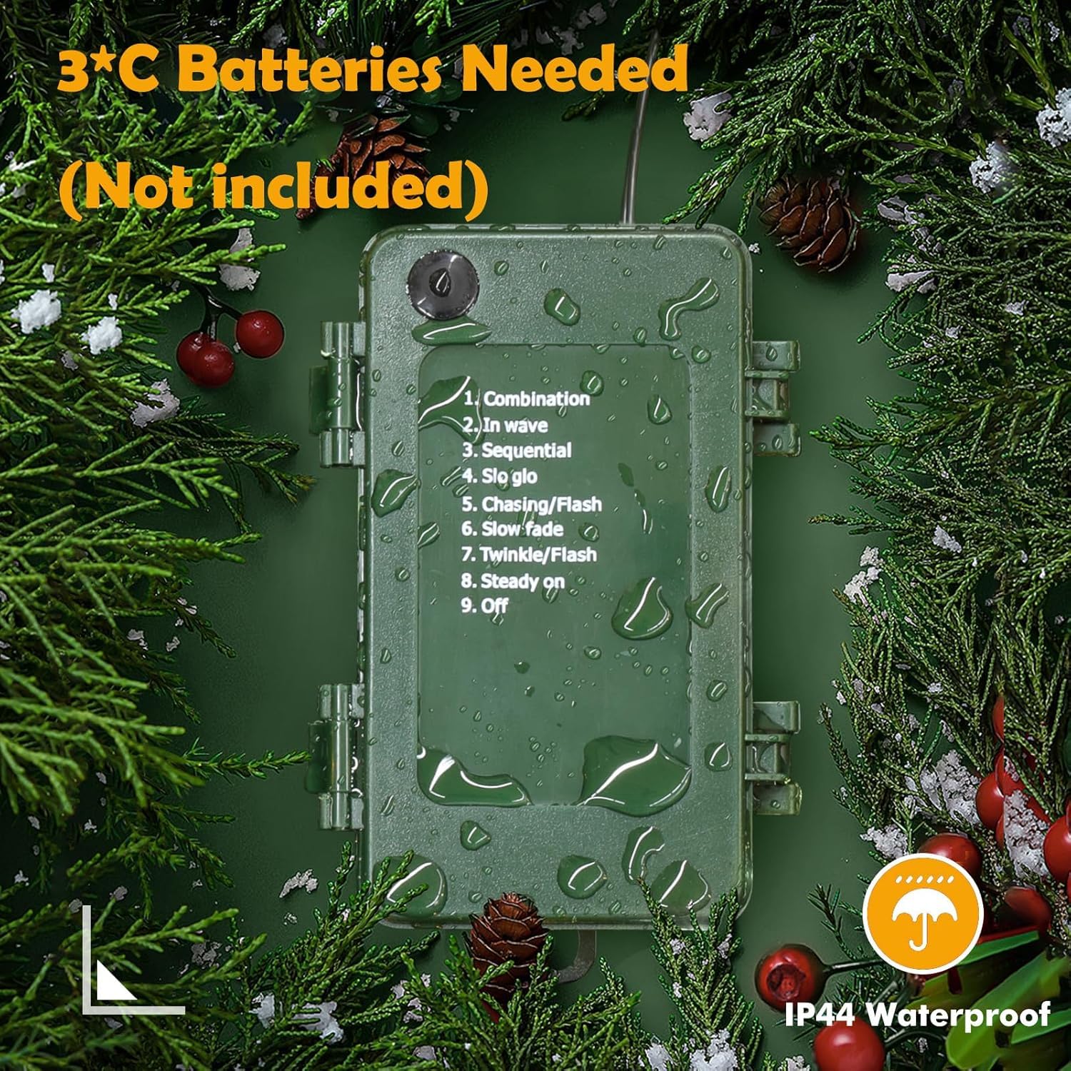 Quntis 164FT 1000LED C Battery Christmas String Lights, Warm White, 8 Modes, Timer, Indoor/Outdoor Holiday Decorations