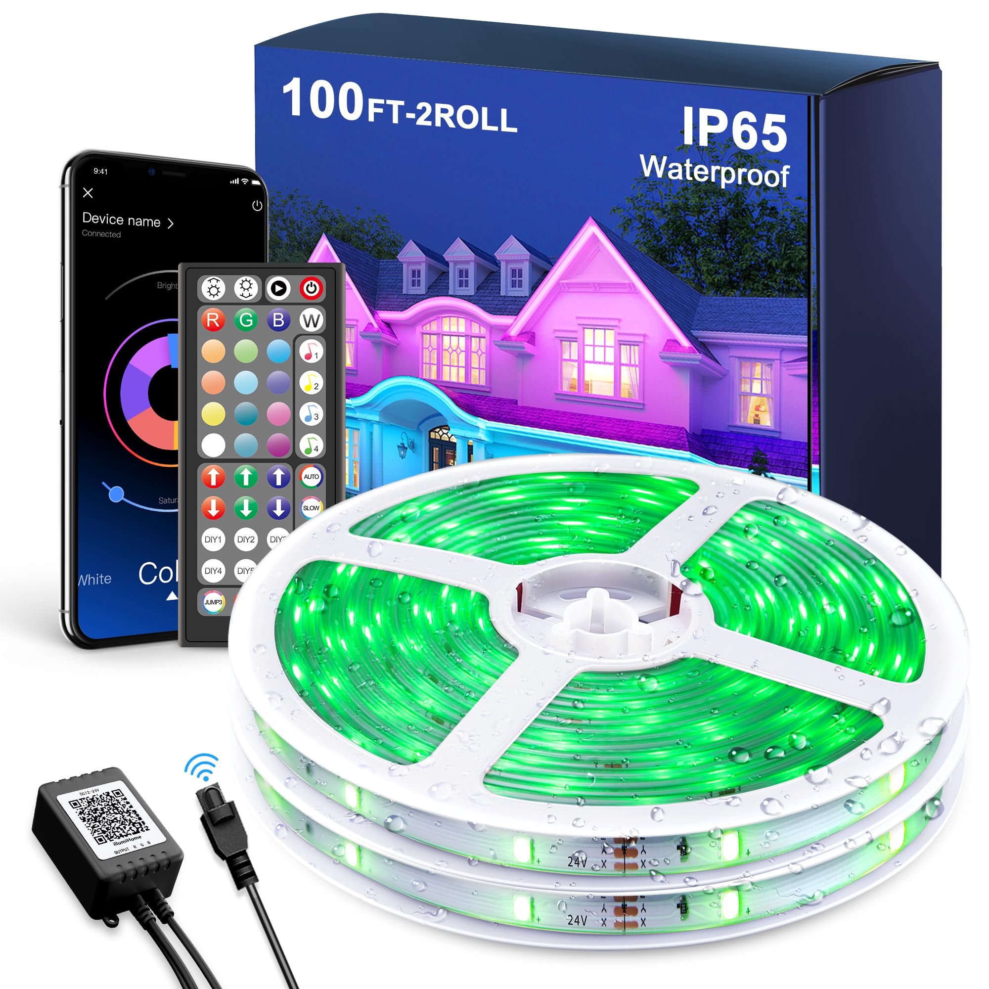 MuliVid Waterproof Outdoor led Strip Lights,100ft led Lights IP65 with App Control and Remote,RGB Color Changing Waterproof Led 