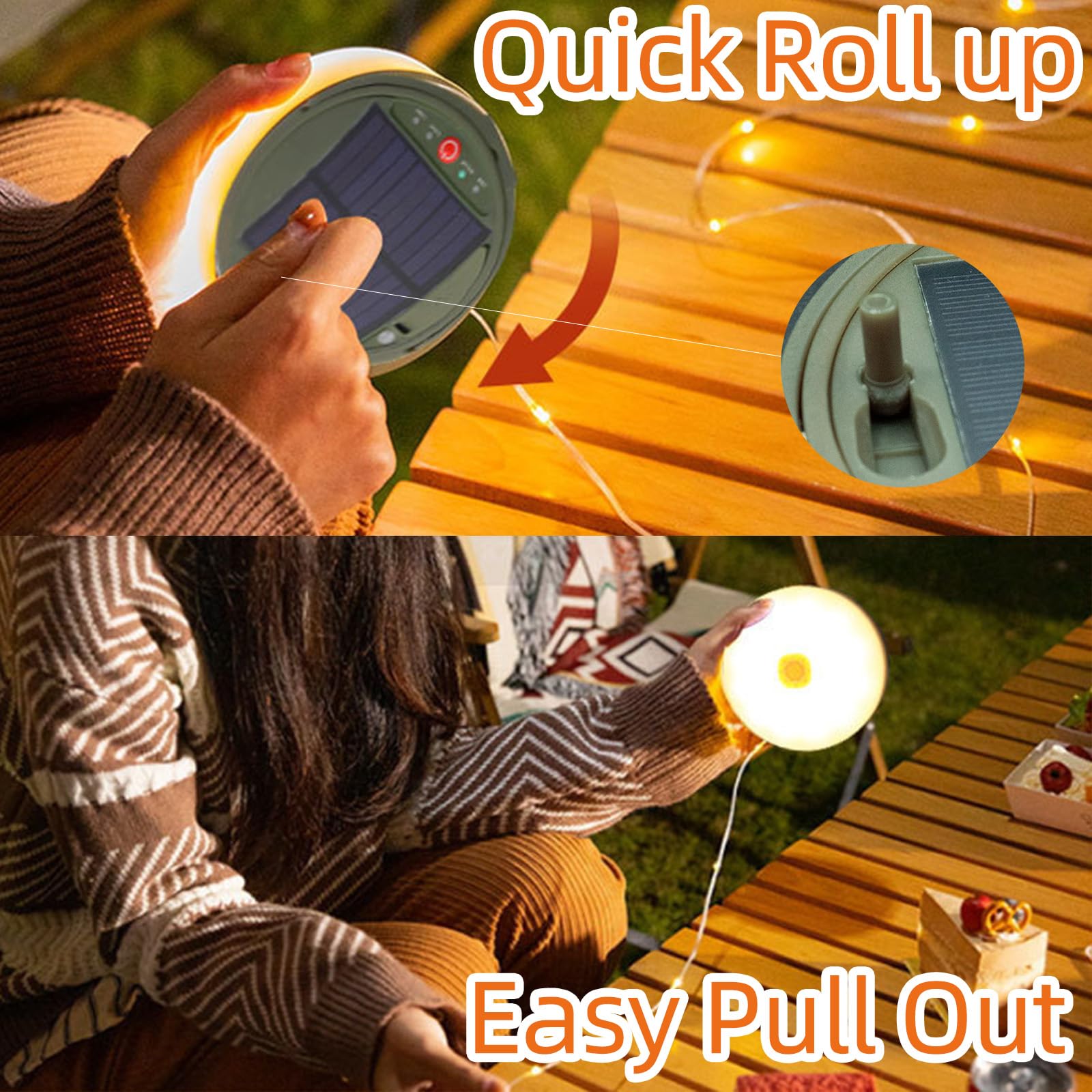 Solar Camping String Lights, 39Ft 120Led Stowable String Lights With 8 Lighting Modes, Usb Rechargeable, Ip64 Waterproof Solar S